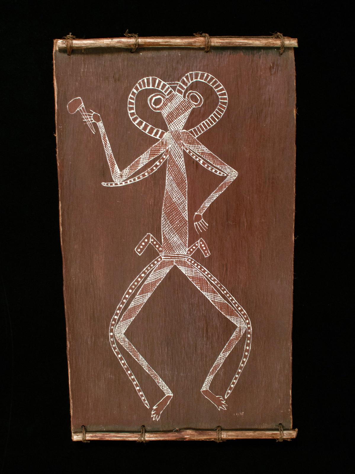 Pittura su corteccia di Namarrkon, Territorio del Nord, Australia

Un dipinto su corteccia di Namarrkon, lo spirito del fulmine. Indossa un'ascia alla cintura e ne tiene un'altra in mano, che usa per produrre tuoni e fulmini, come si può vedere