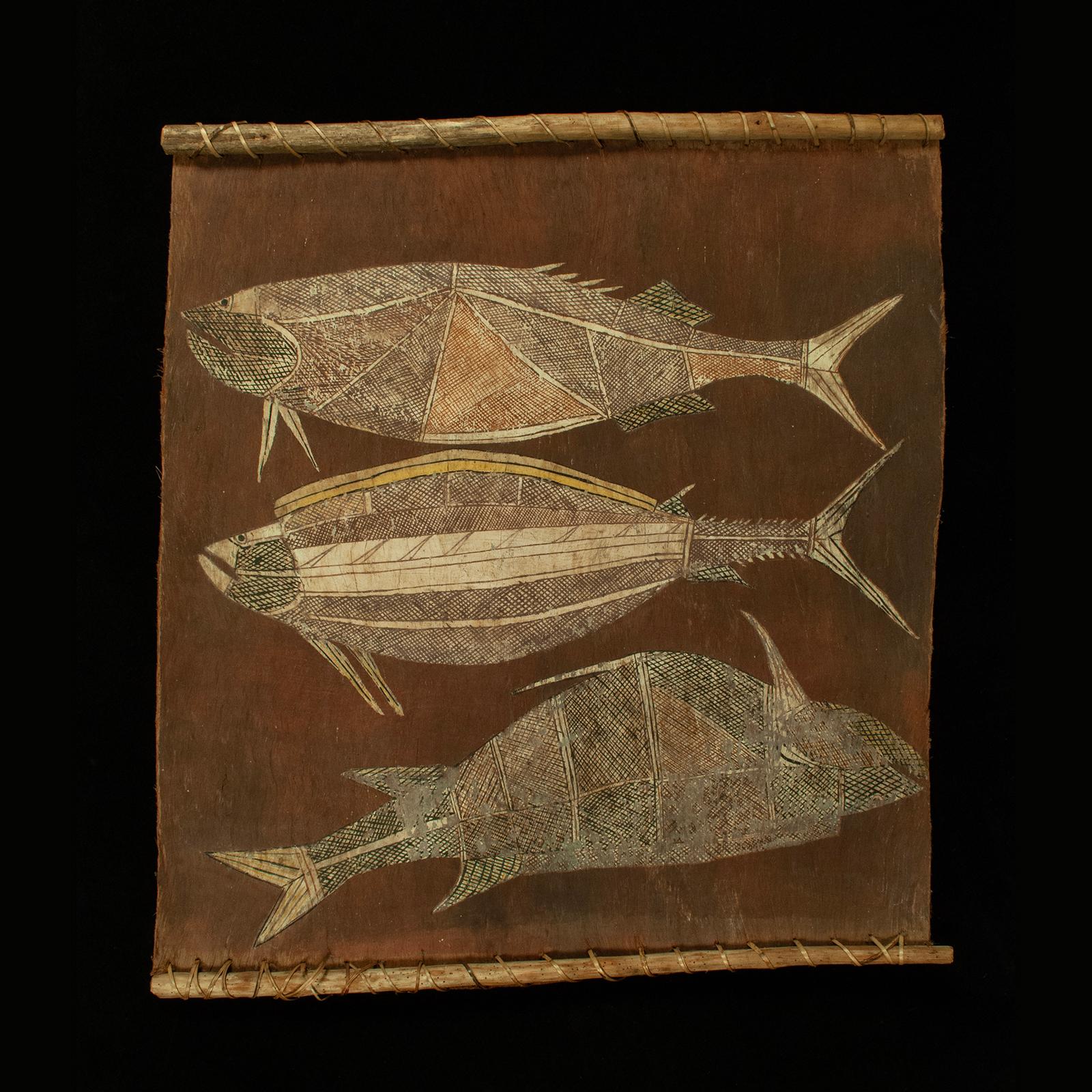 Bark painting of Three Fish by Bobby Bardjaray Ngainjmirra, Northern Territory, Australia

Bobby Bajjarai, better known as Bobby Bardjaray Ngainjmirra, (c. 1915–1992) was a Kunwinjku Aboriginal artist of the Djalama clan and Yirridjdja moiety. This