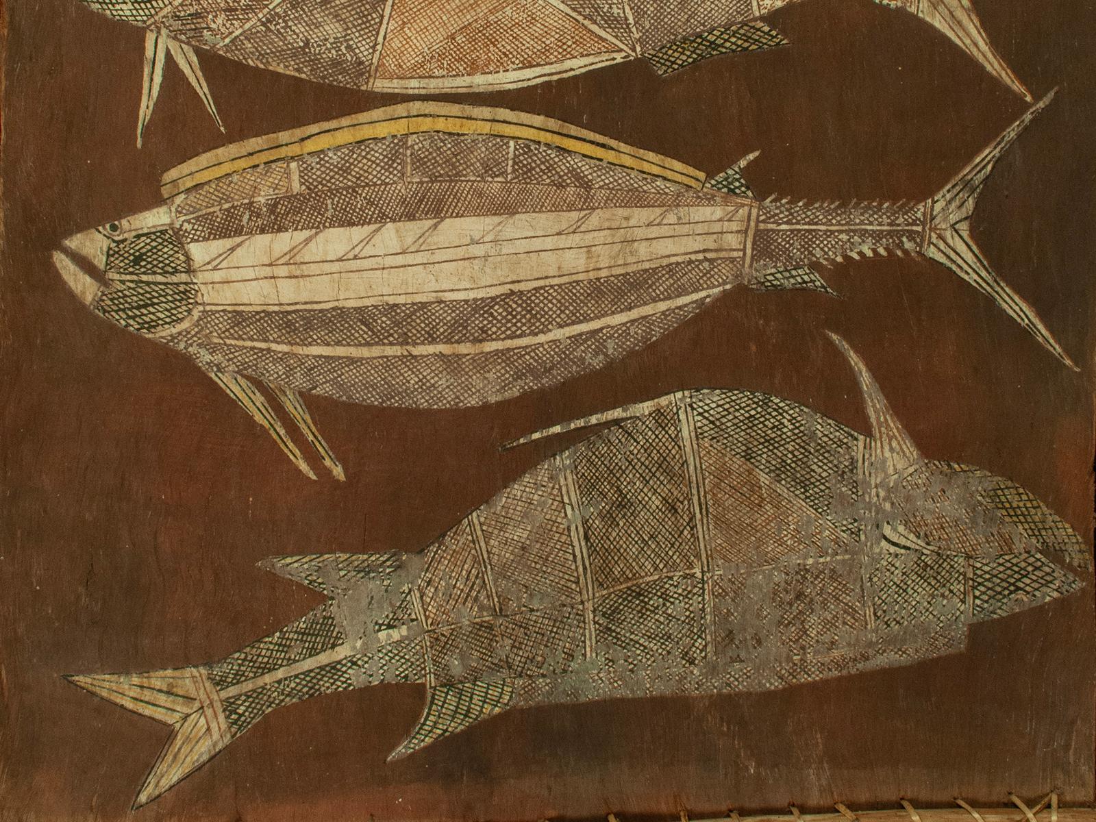 Tribal Bark Painting of Three Fish by Bobby Bardjaray Ngainjmirra, Australia For Sale