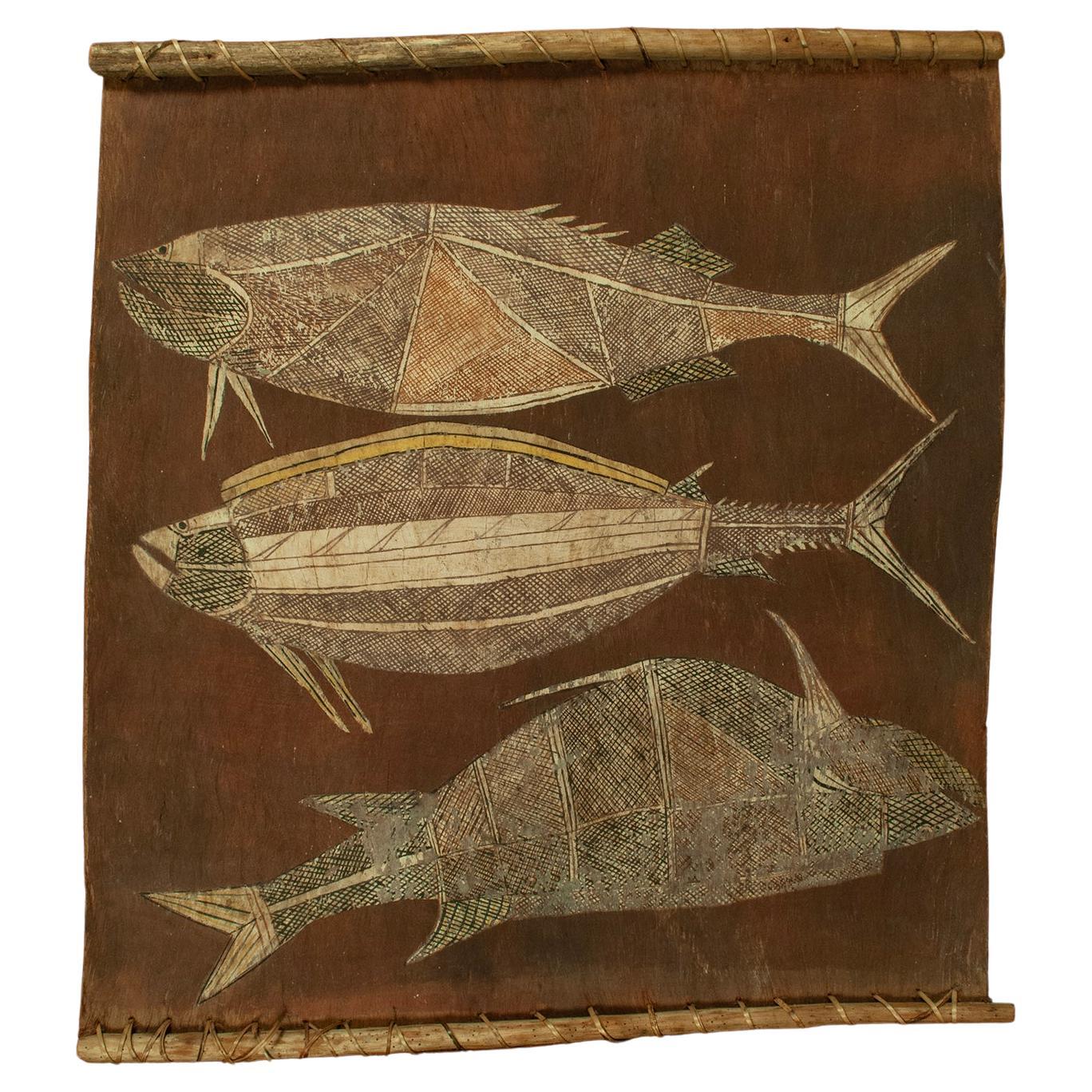 Bark Painting of Three Fish by Bobby Bardjaray Ngainjmirra, Australia For Sale