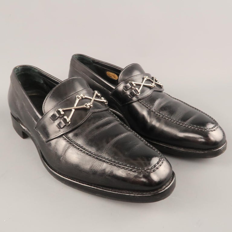 BARKER BLACK Size 8.5 Black Leather Silver Bone Cross Slip On Loafers ...