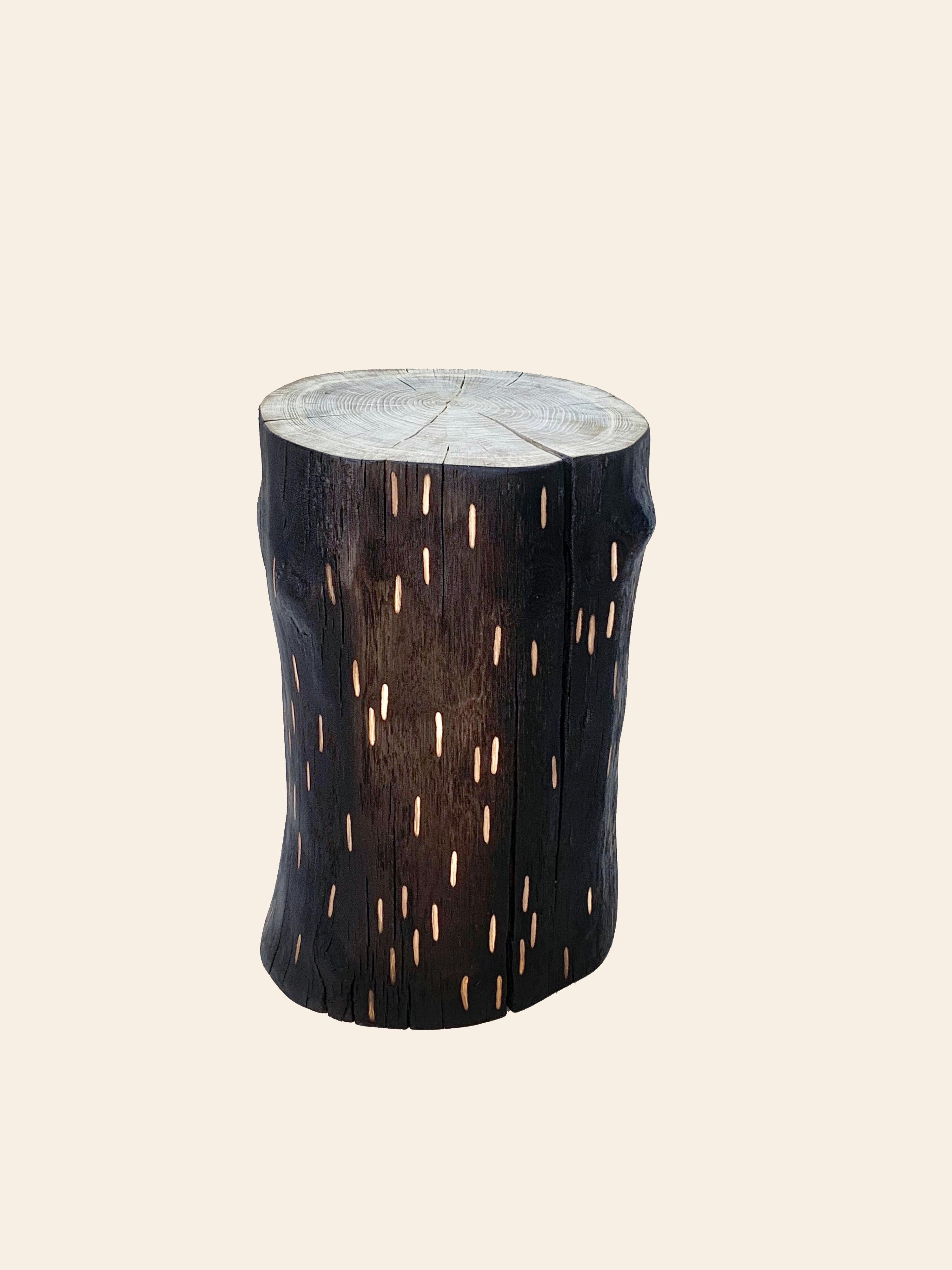 'Barking Up The Wrong Log' charred oak stool with hand carved markings In New Condition In London, GB