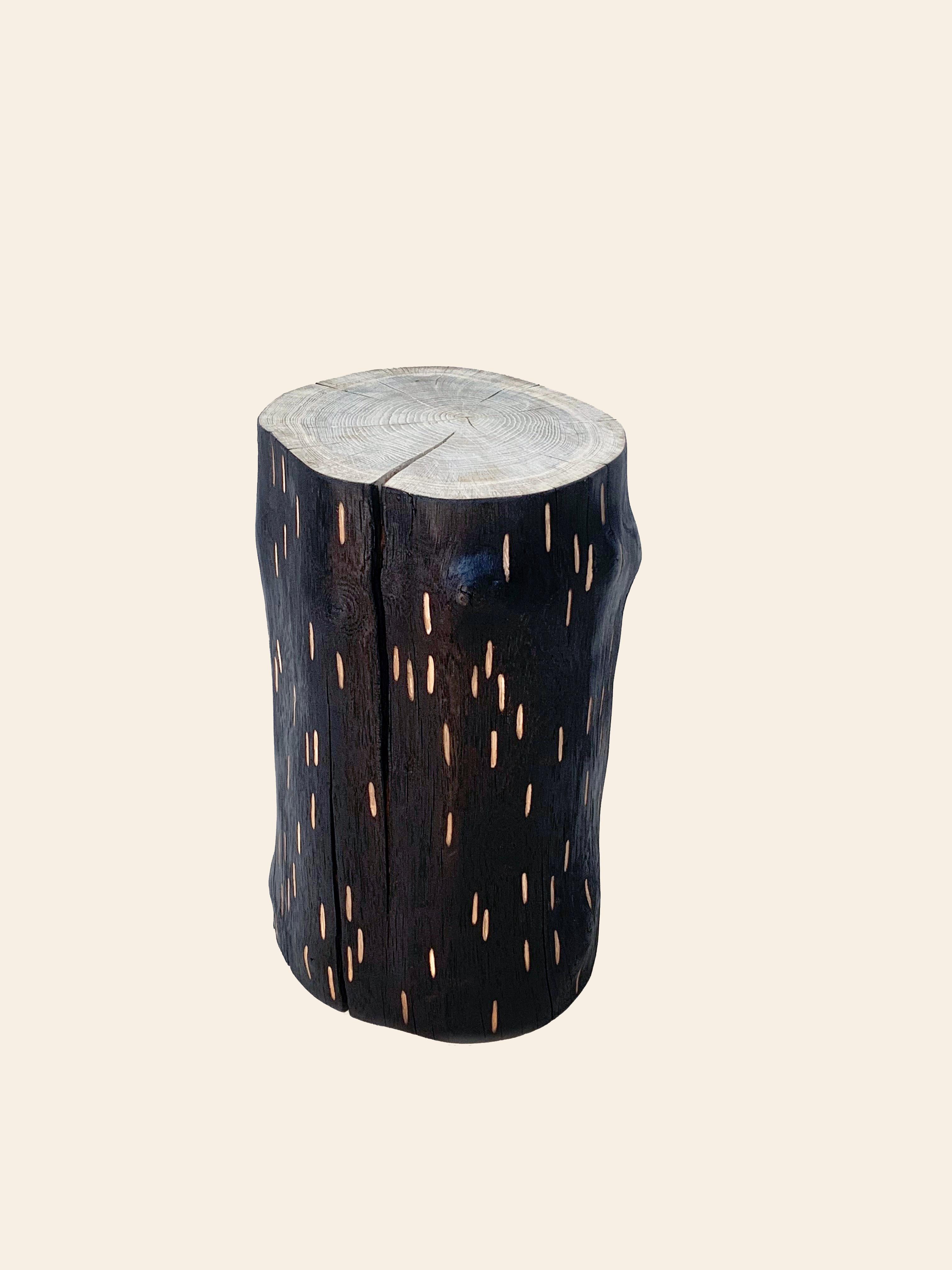 'Barking Up The Wrong Log' charred oak stool with hand carved markings 1