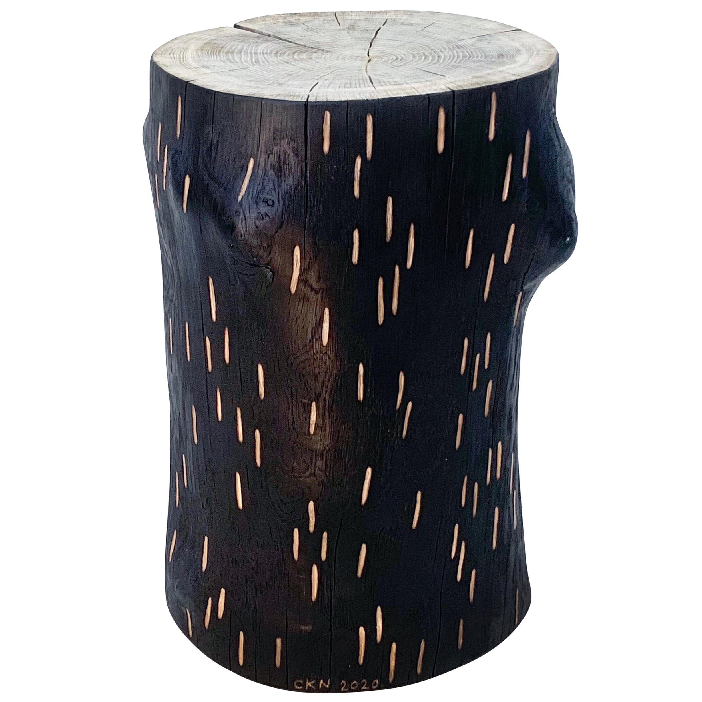 'Barking Up The Wrong Log' charred oak stool with hand carved markings