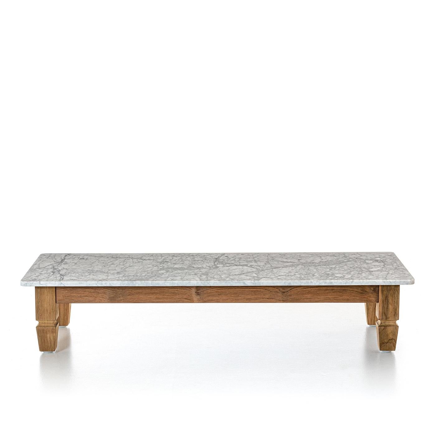 Coffee table Barletta rectangular structure in solid teak.
wood and with polished carrare white marble top.