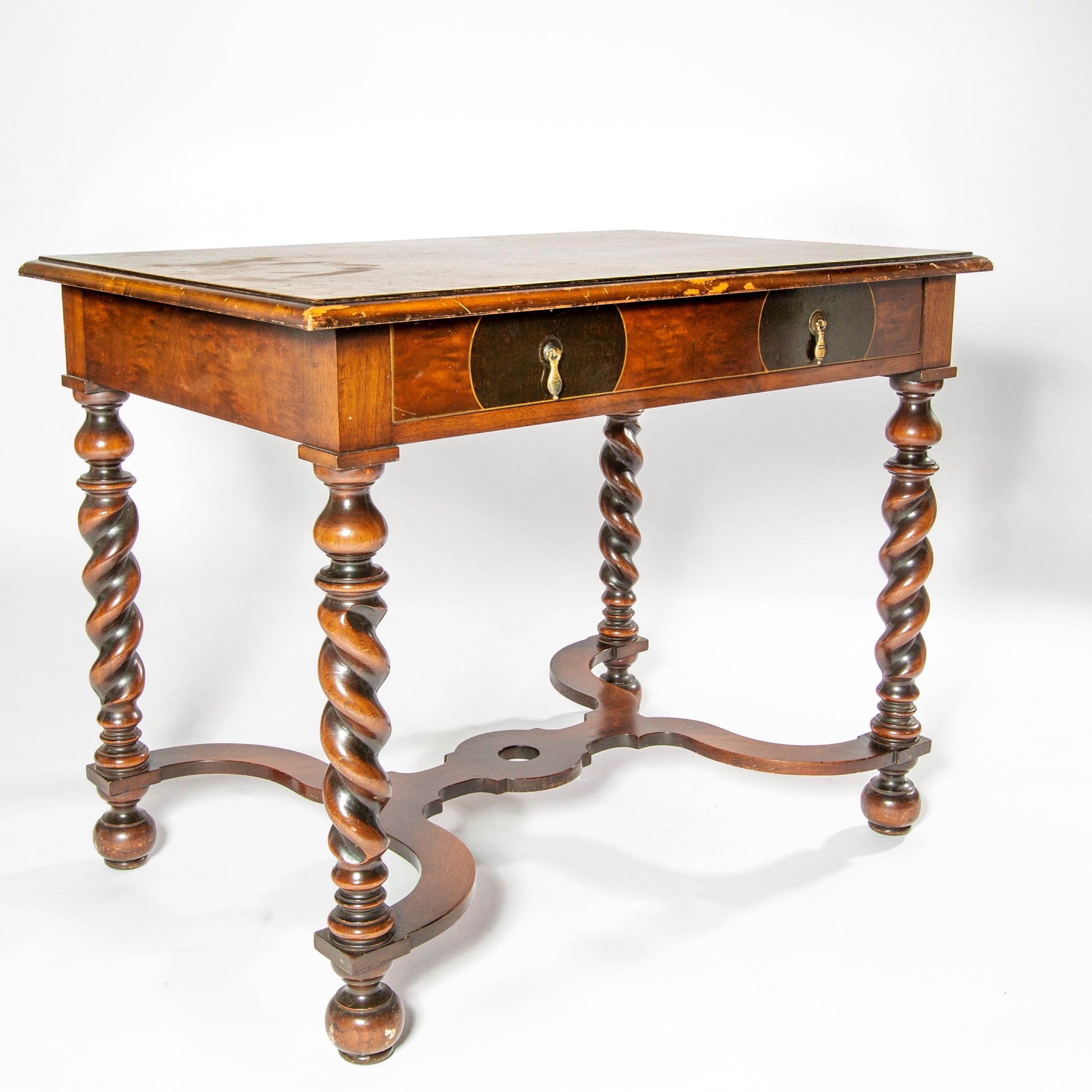 Victorian Barley Twist End or Side Table with Exquisite Inlay Marquetry Top and Drawer For Sale