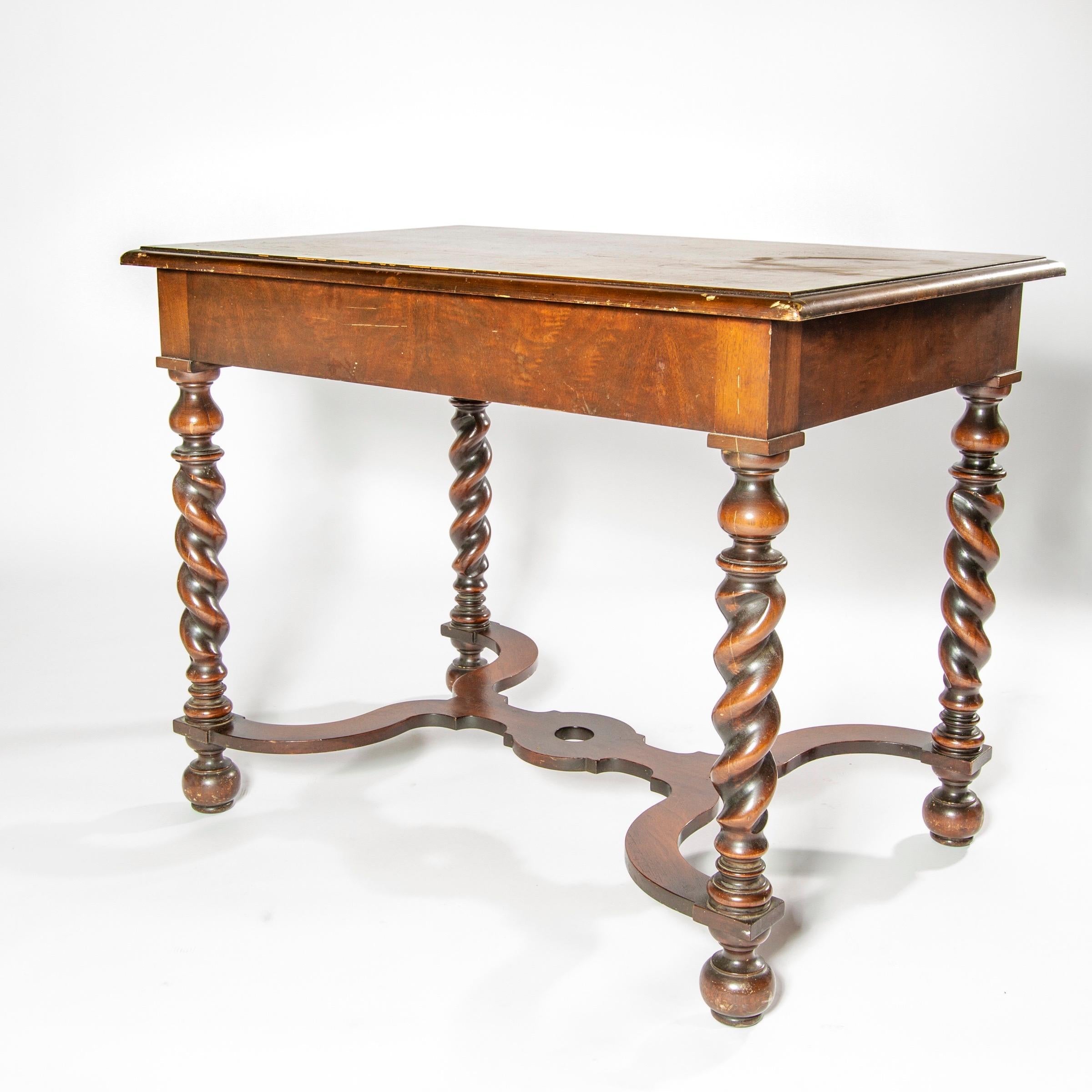 Walnut Barley Twist End or Side Table with Exquisite Inlay Marquetry Top and Drawer For Sale