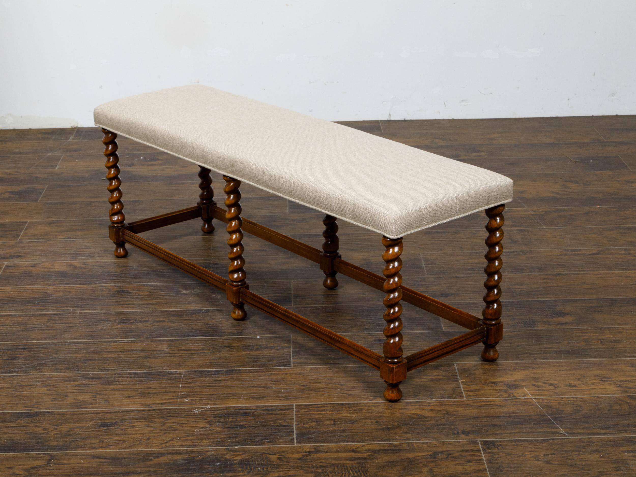 Turned Barley Twist English 1920s Bench with Custom Linen Upholstery For Sale