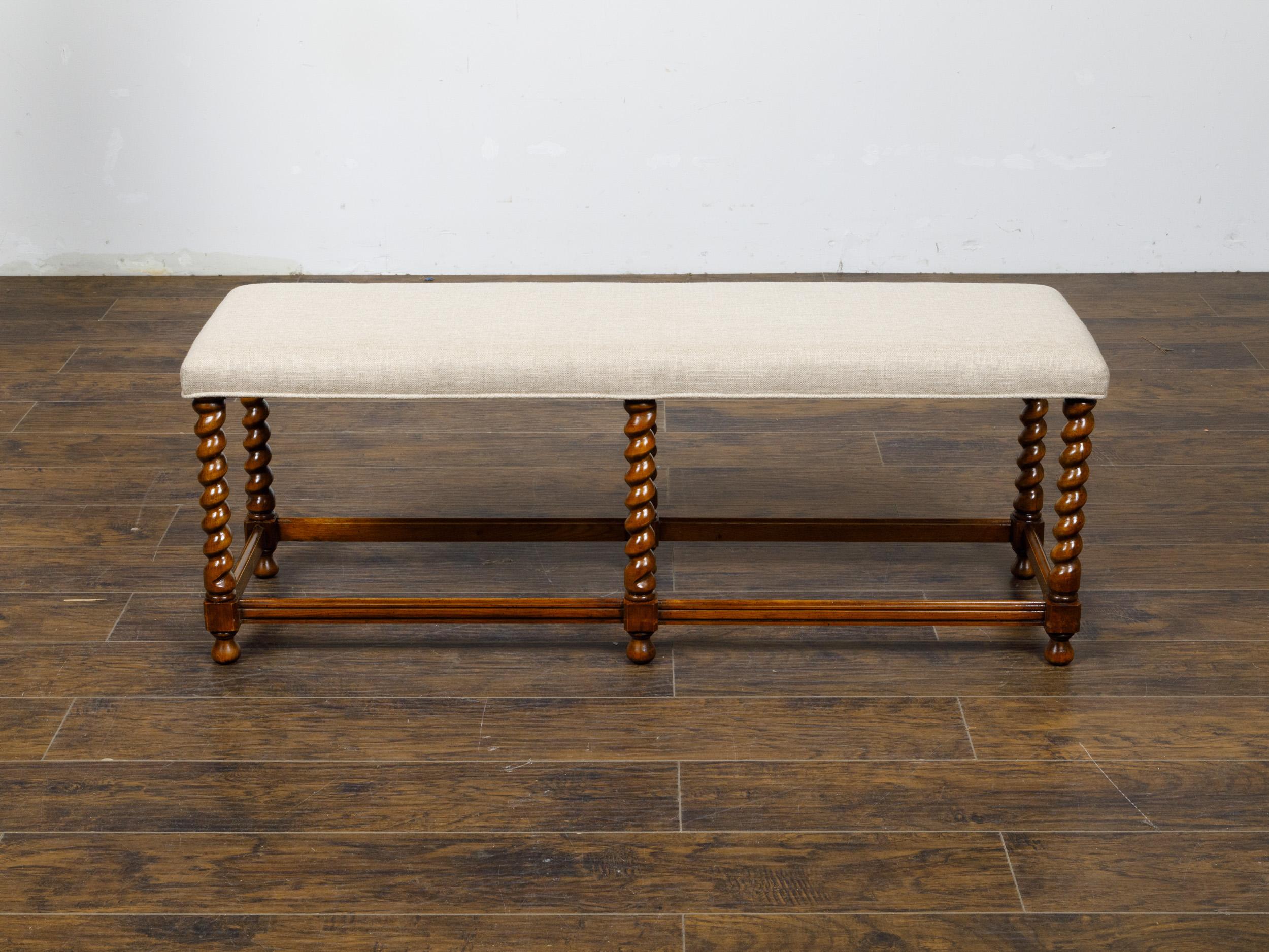 20th Century Barley Twist English 1920s Bench with Custom Linen Upholstery