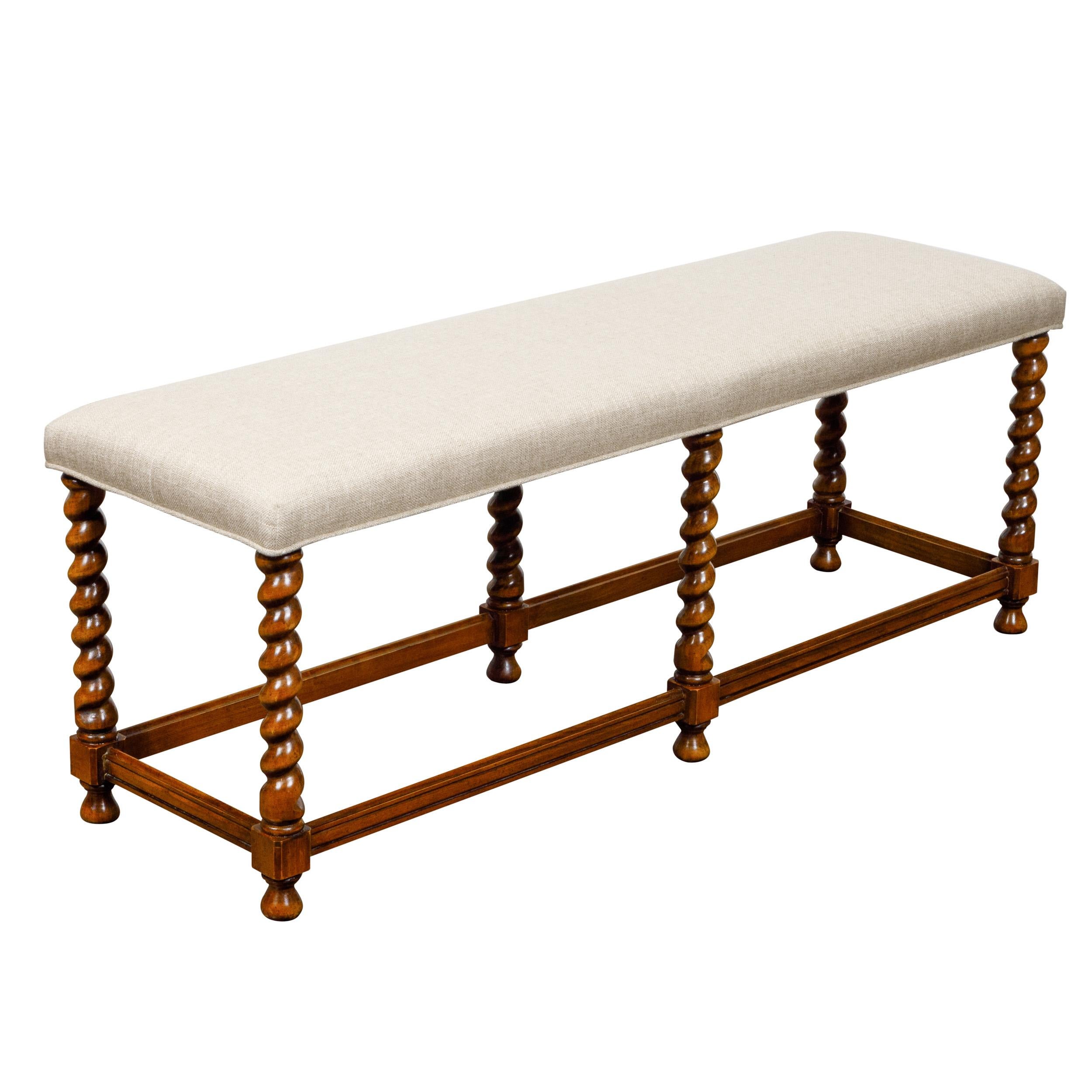Barley Twist English 1920s Bench with Custom Linen Upholstery For Sale
