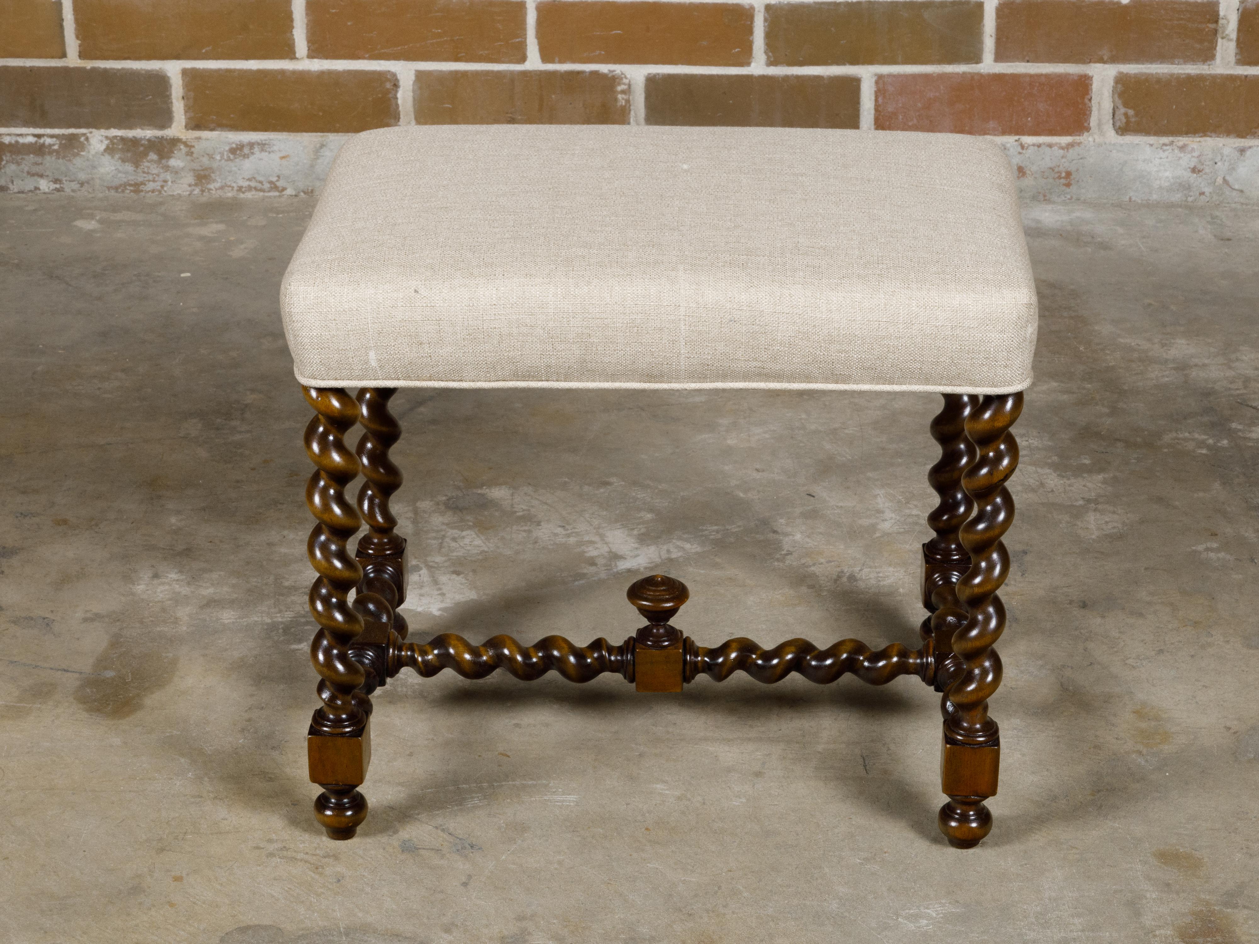 Barley Twist English 19th Oak Stool with Cross Stretcher and Custom Upholstery For Sale 5