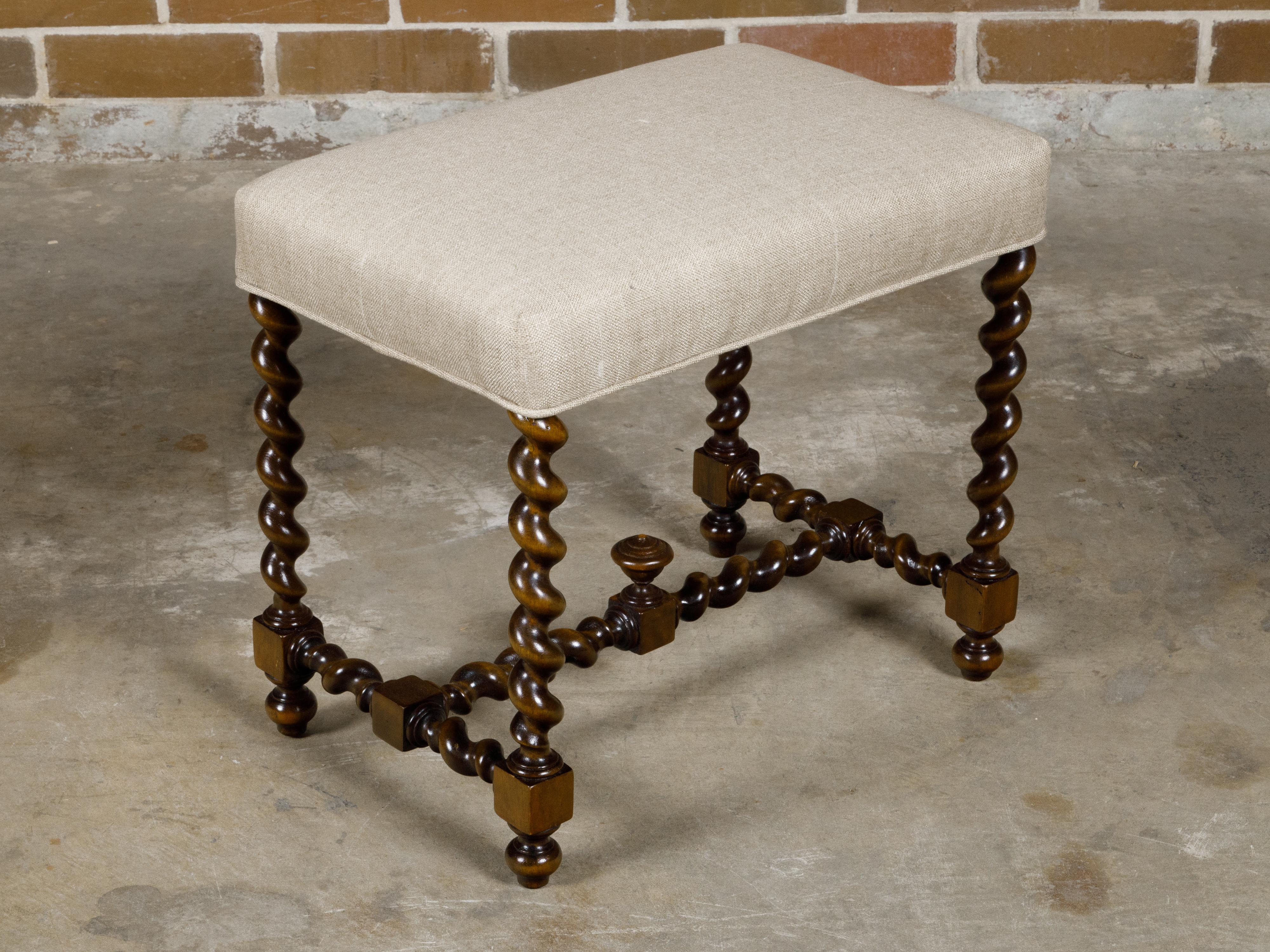 Barley Twist English 19th Oak Stool with Cross Stretcher and Custom Upholstery For Sale 6
