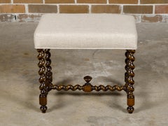 Barley Twist English 19th Oak Stool with Cross Stretcher and Custom Upholstery