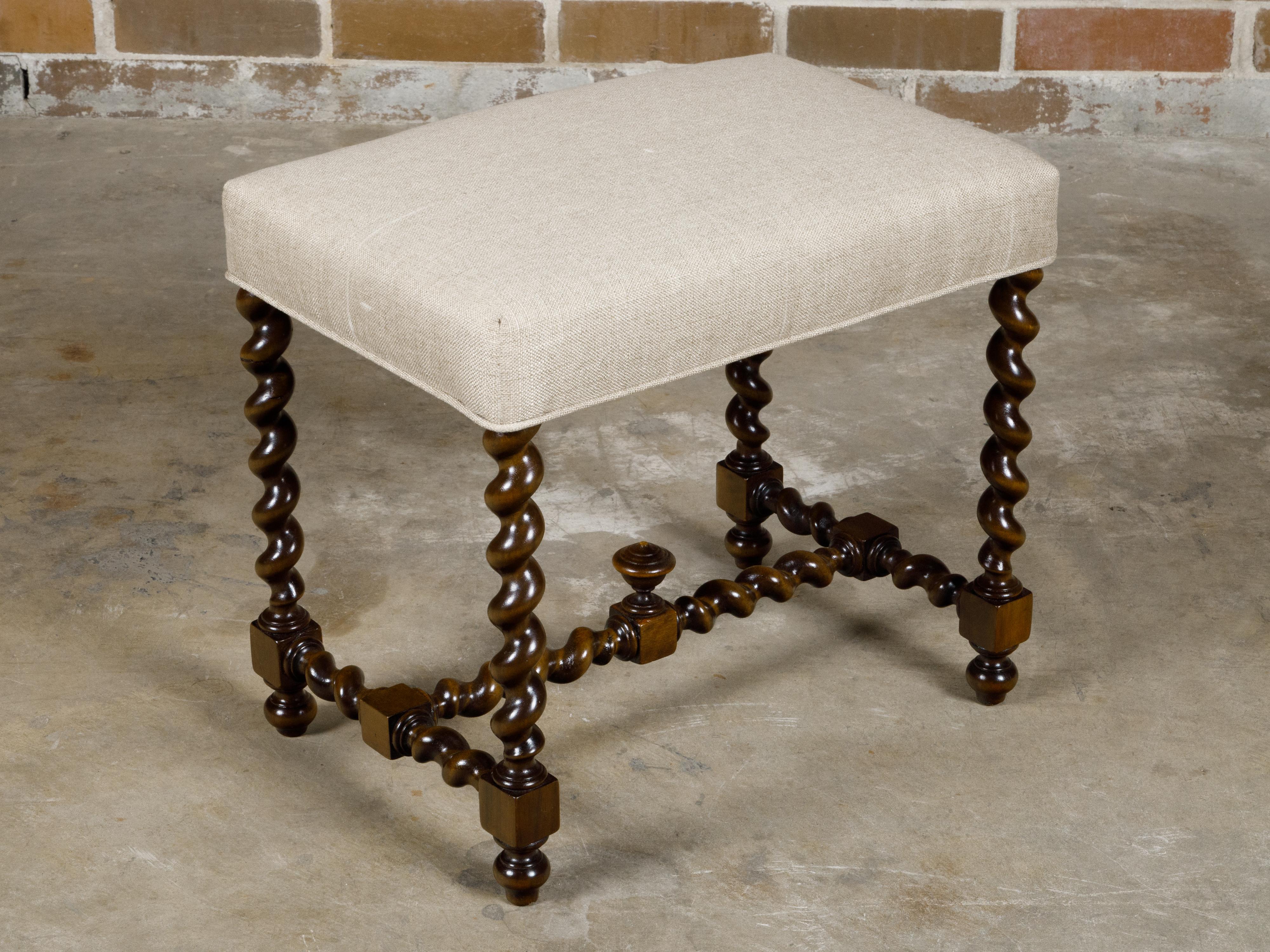 Barley Twist English 19th Oak Stool with Cross Stretcher and Custom Upholstery For Sale 3