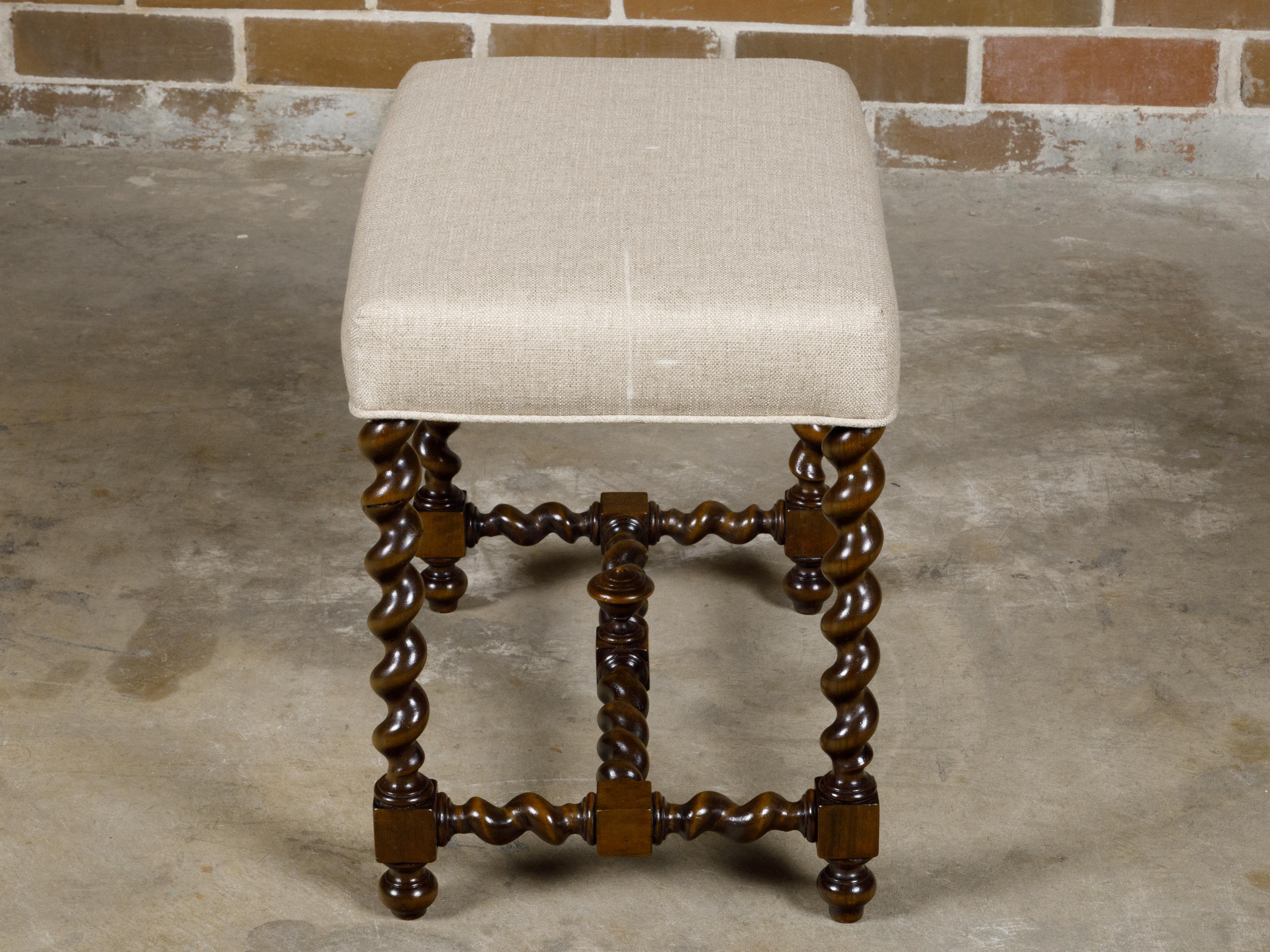 Barley Twist English 19th Oak Stool with Cross Stretcher and Custom Upholstery For Sale 4
