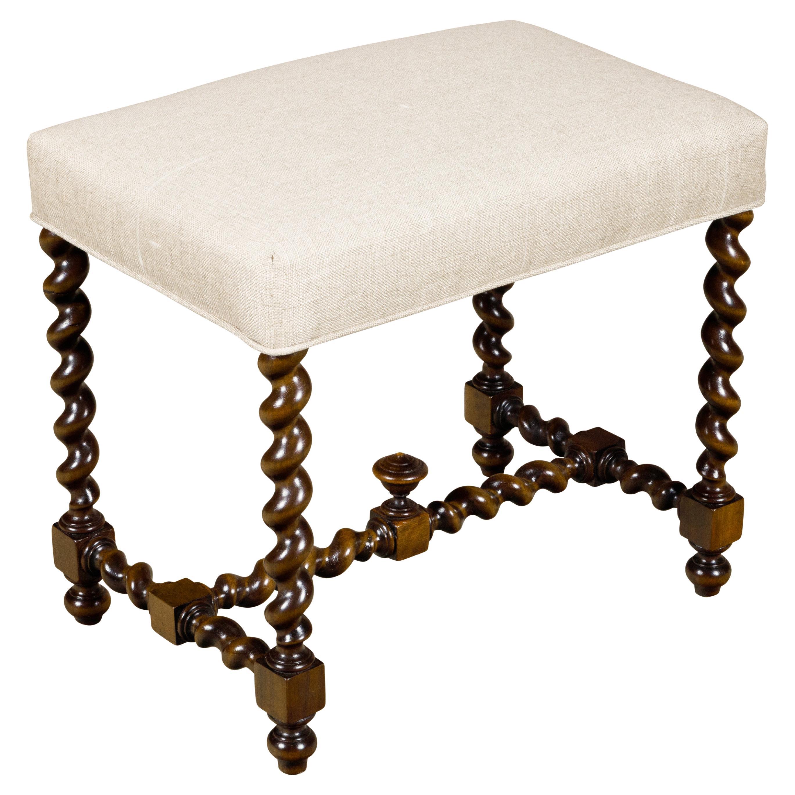 Barley Twist English 19th Oak Stool with Cross Stretcher and Custom Upholstery