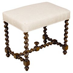 Used Barley Twist English 19th Oak Stool with Cross Stretcher and Custom Upholstery