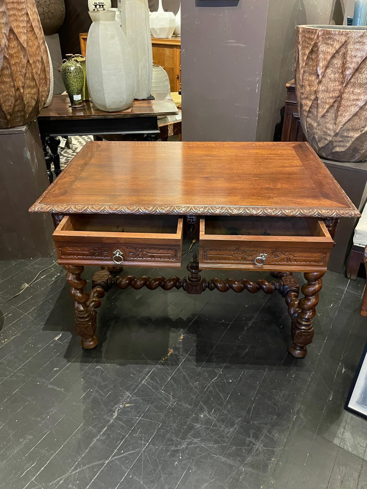 19th century French barley twist legs desk.
Center drawer.
Decorative finial at cross stretcher local.
Brass pulls.
Can also be used as a side table.
Walnut.