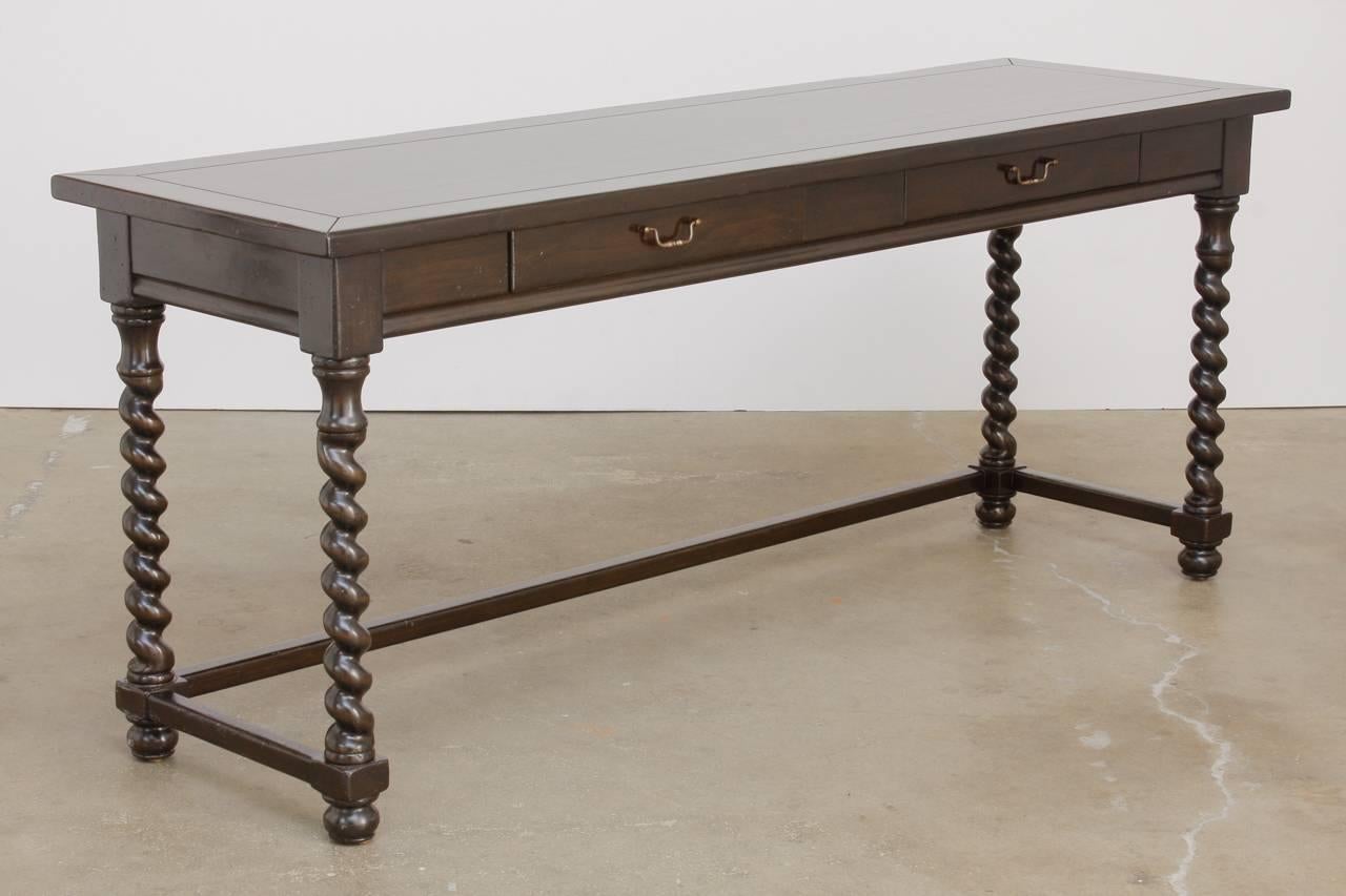 Bespoke two-drawer console table or sofa table featuring Louis XIII style barley twist legs. This elegant console could also serve as a writing table or desk for narrow spaces with a 24.5