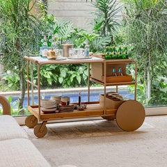 Barman Bar Cart, Outdoor Aluminum and Natural Stone with Teak Accessories