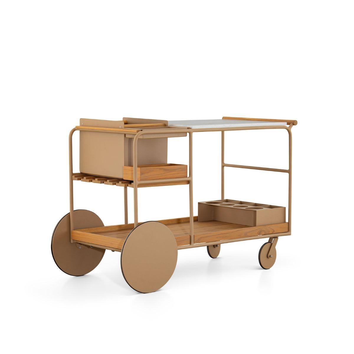 Carrello da bar Barman, Alluminio e pietra naturale per esterni con accessori in teak in vendita 1