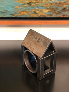 Barn House Structure, Welded Steel Decorative Object Made with Salvaged Steel