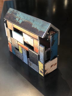 Barn House Structure, Welded Steel Decorative Object Made with Salvaged Steel