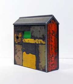 Barn House Structure, Welded Steel Decorative Object Made with Salvaged Steel
