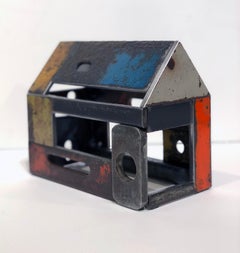 Barn House Structure, Welded Steel Decorative Object Made with Salvaged Steel