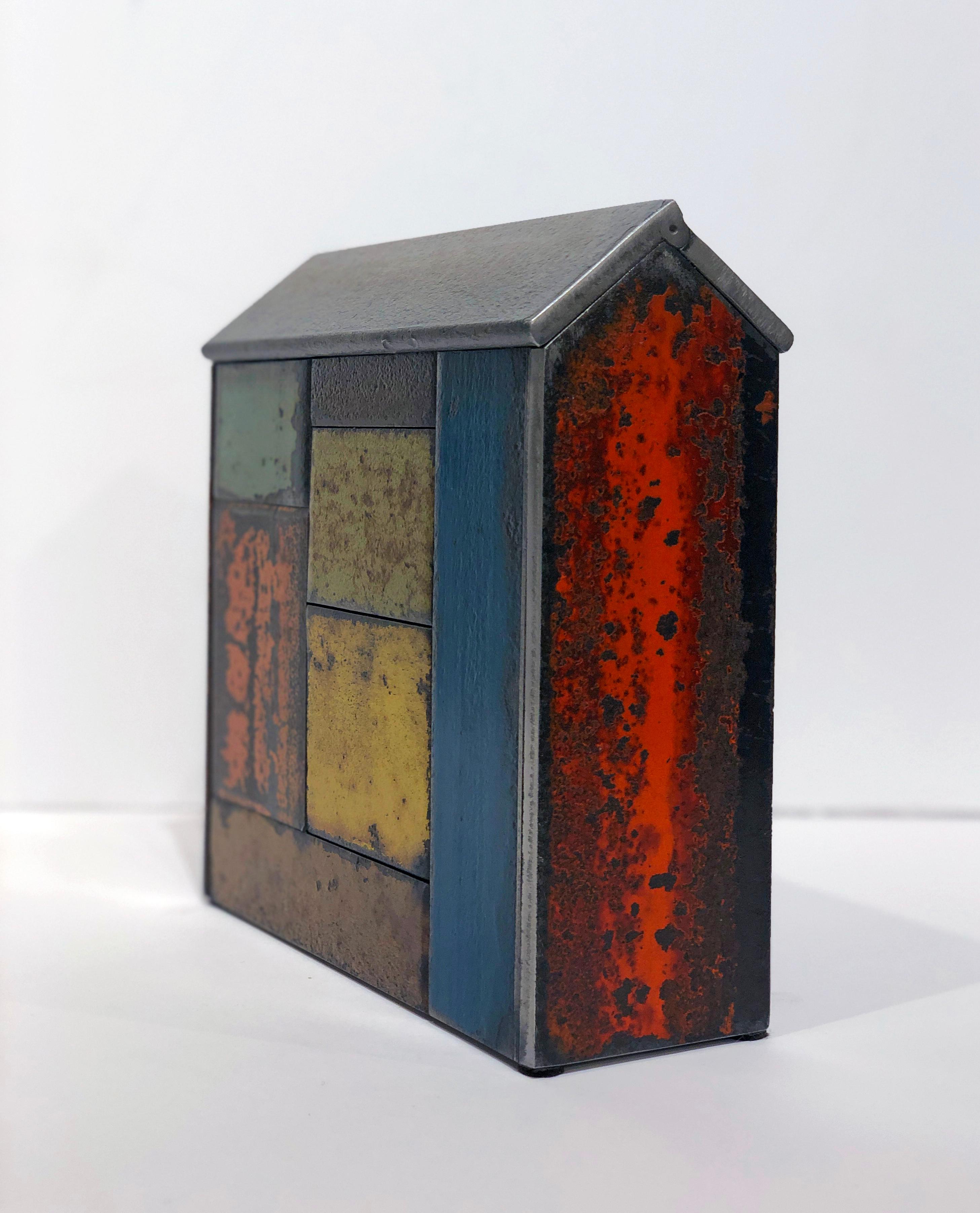 American Barn House Structure, Welded Steel Decorative Object Made with Salvaged Steel