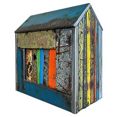 Barn House Structure, Welded Steel Decorative Object Made with Salvaged Steel