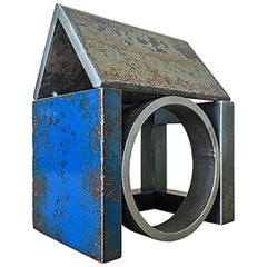 Barn House Structure, Welded Steel Decorative Object Made with Salvaged Steel