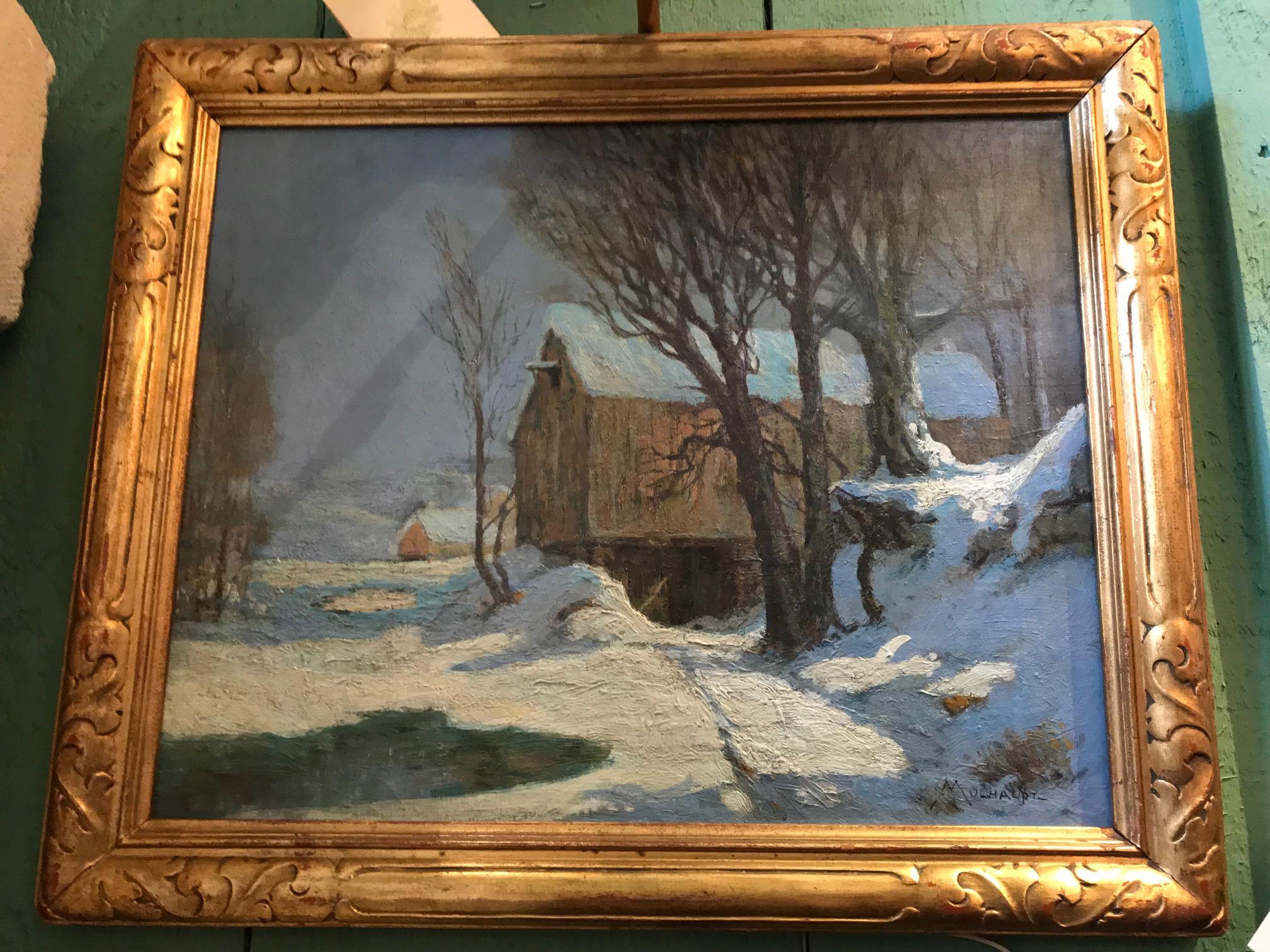 “Barn in Moonlight” By Frederick John Mulhaupt (1871 – 1938) American. Signed / Oil on canvas laid on board.
Similar Artwork Sold for $28000.00 and $32,500 at Auction “Winter Calm” snow
Known as 