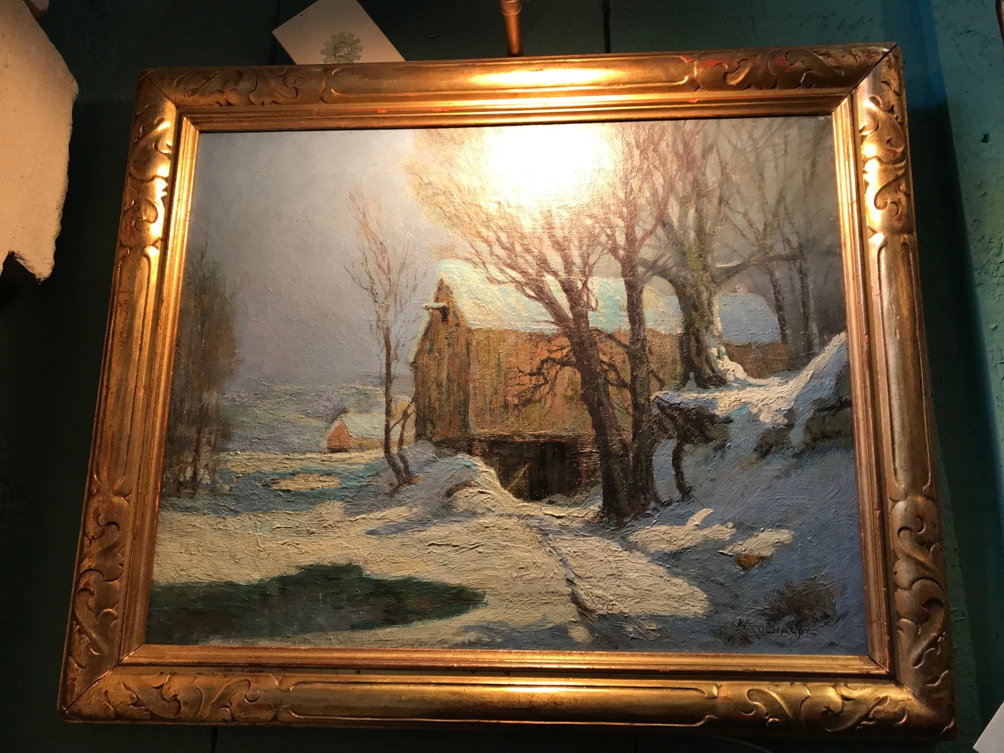 Barn in Moonlight von Frederick John Mulhaupt  Amerikanische Öl-Leinwand auf Karton aufgezogen  