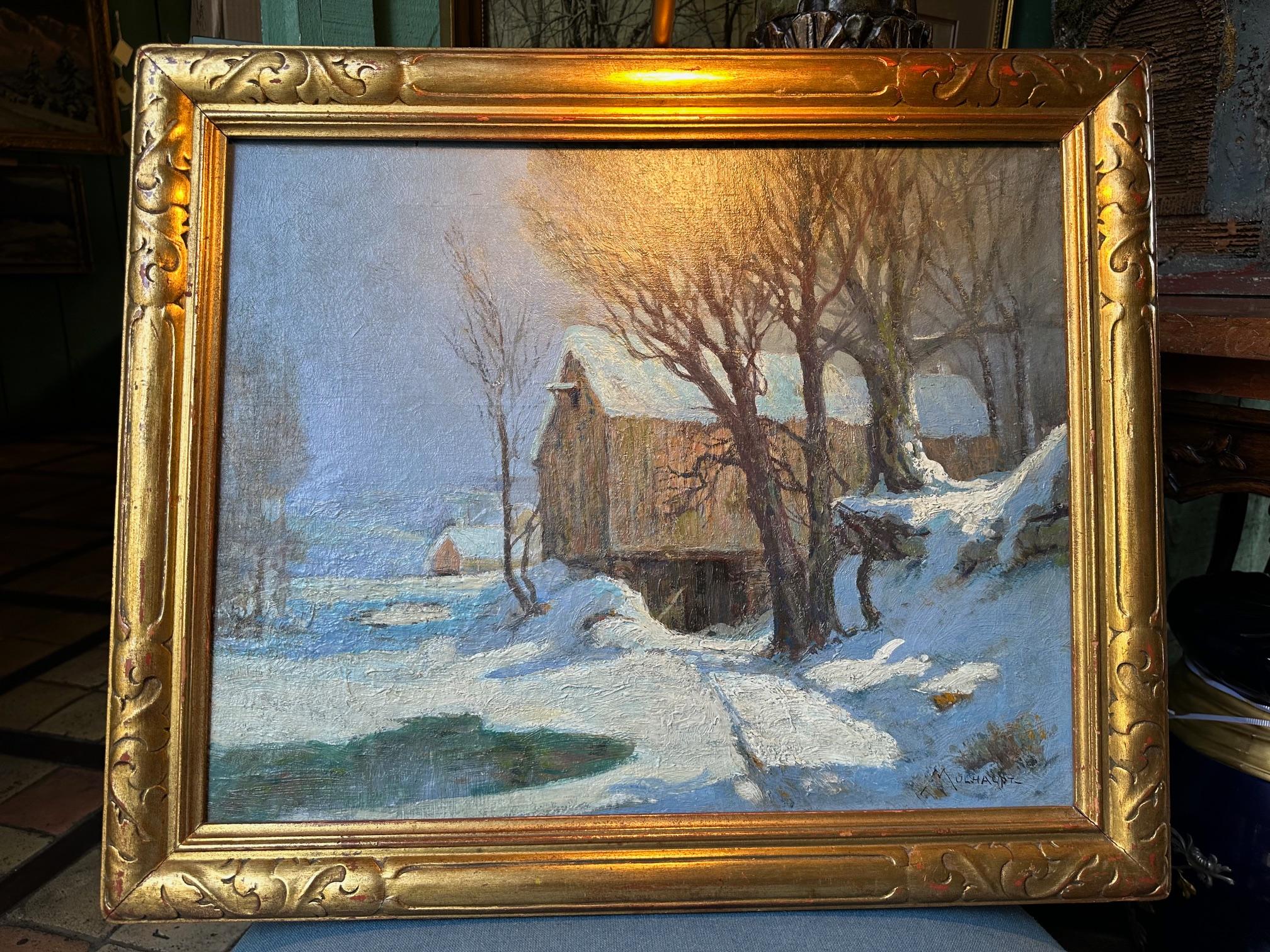 Barn in Moonlight von Frederick John Mulhaupt  Amerikanische Öl-Leinwand auf Karton aufgezogen im Angebot 14