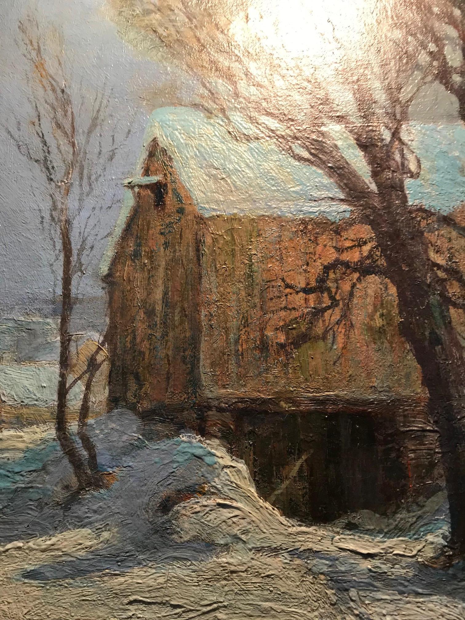 Barn in Moonlight von Frederick John Mulhaupt  Amerikanische Öl-Leinwand auf Karton aufgezogen (amerikanisch) im Angebot