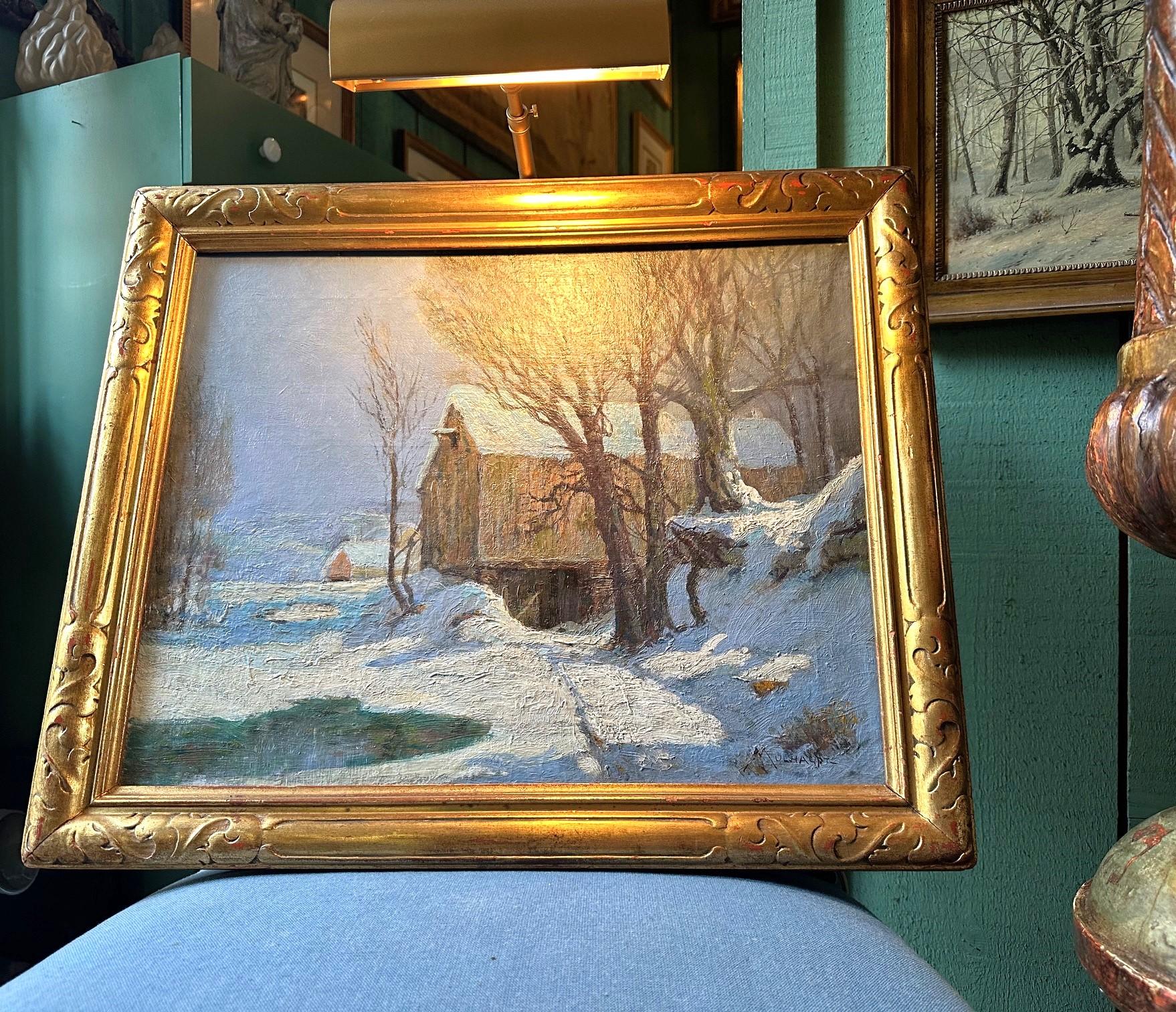 Barn in Moonlight von Frederick John Mulhaupt  Amerikanische Öl-Leinwand auf Karton aufgezogen im Zustand „Gut“ im Angebot in West Hollywood, CA