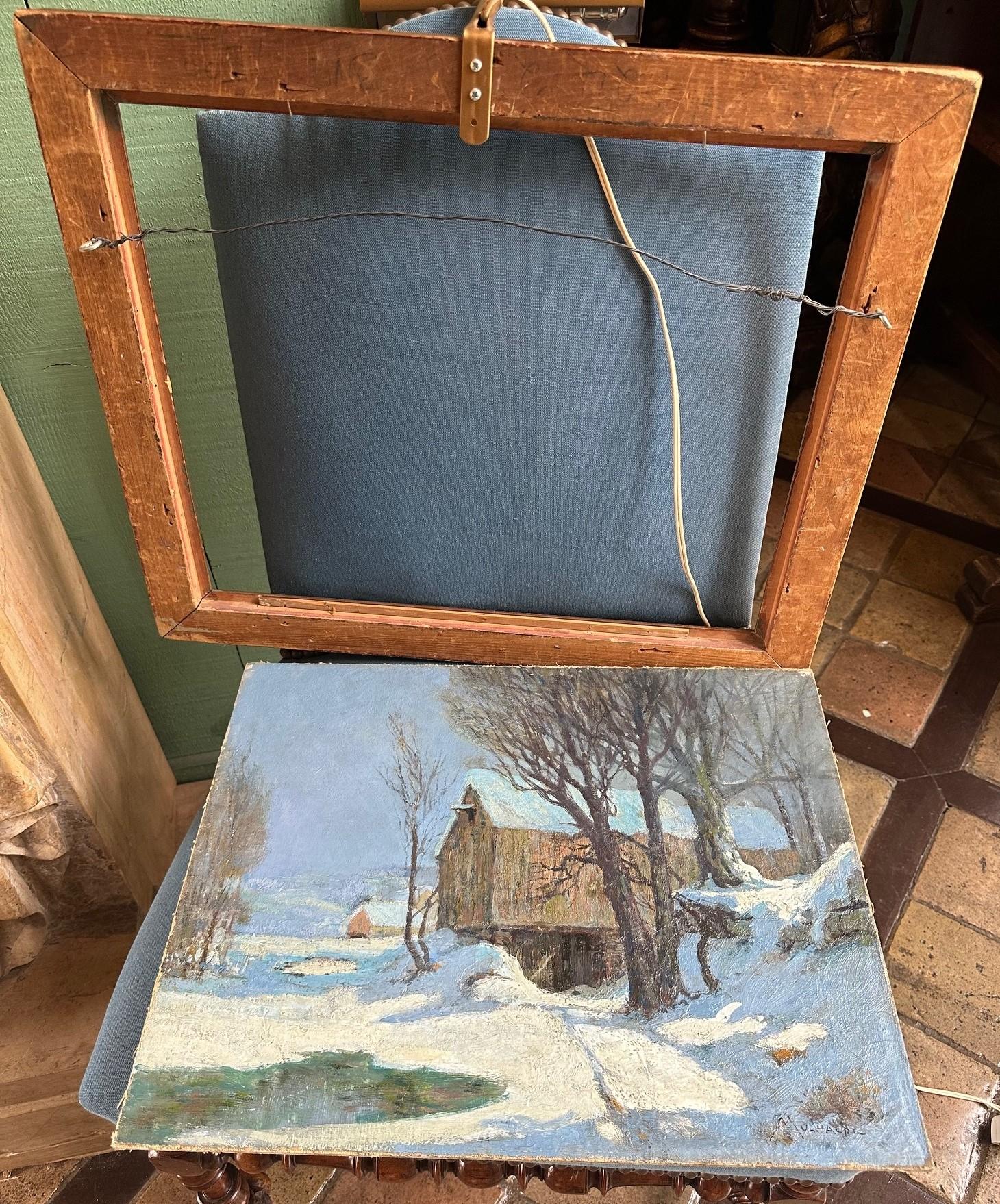 Barn in Moonlight von Frederick John Mulhaupt  Amerikanische Öl-Leinwand auf Karton aufgezogen im Angebot 1