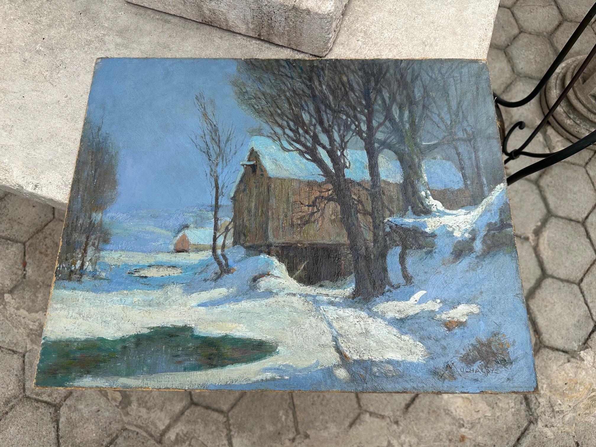 Barn in Moonlight von Frederick John Mulhaupt  Amerikanische Öl-Leinwand auf Karton aufgezogen im Angebot 2