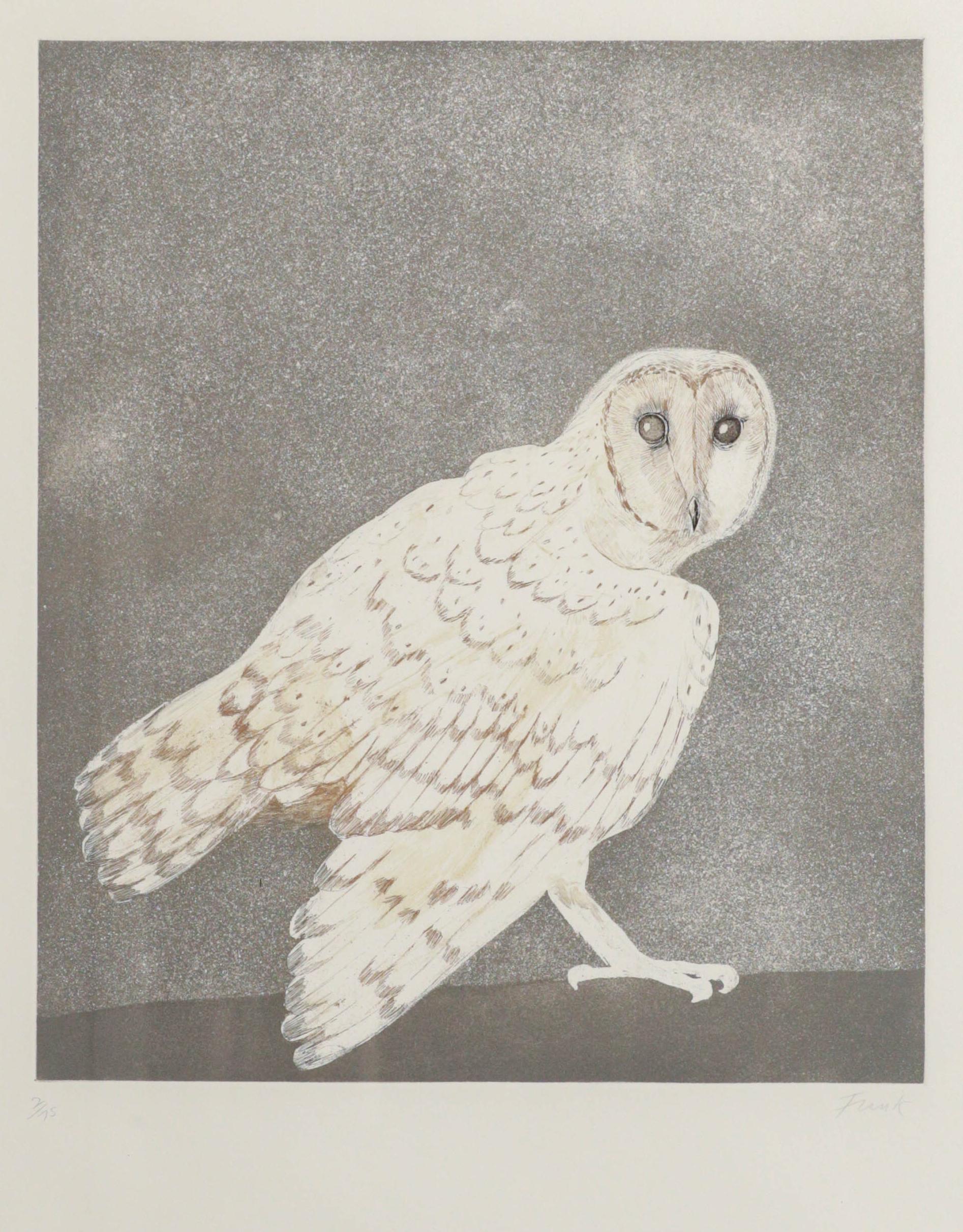 From 'Six Owl Series' conceived in 1977 by Dame Elizabeth Frink. Etching with aquatint in colours, on wove paper, signed, FRINK, lower right, and numbered 2 from the edition of 75 in pencil, lower left, printed at White Ink Ltd., published by Leslie