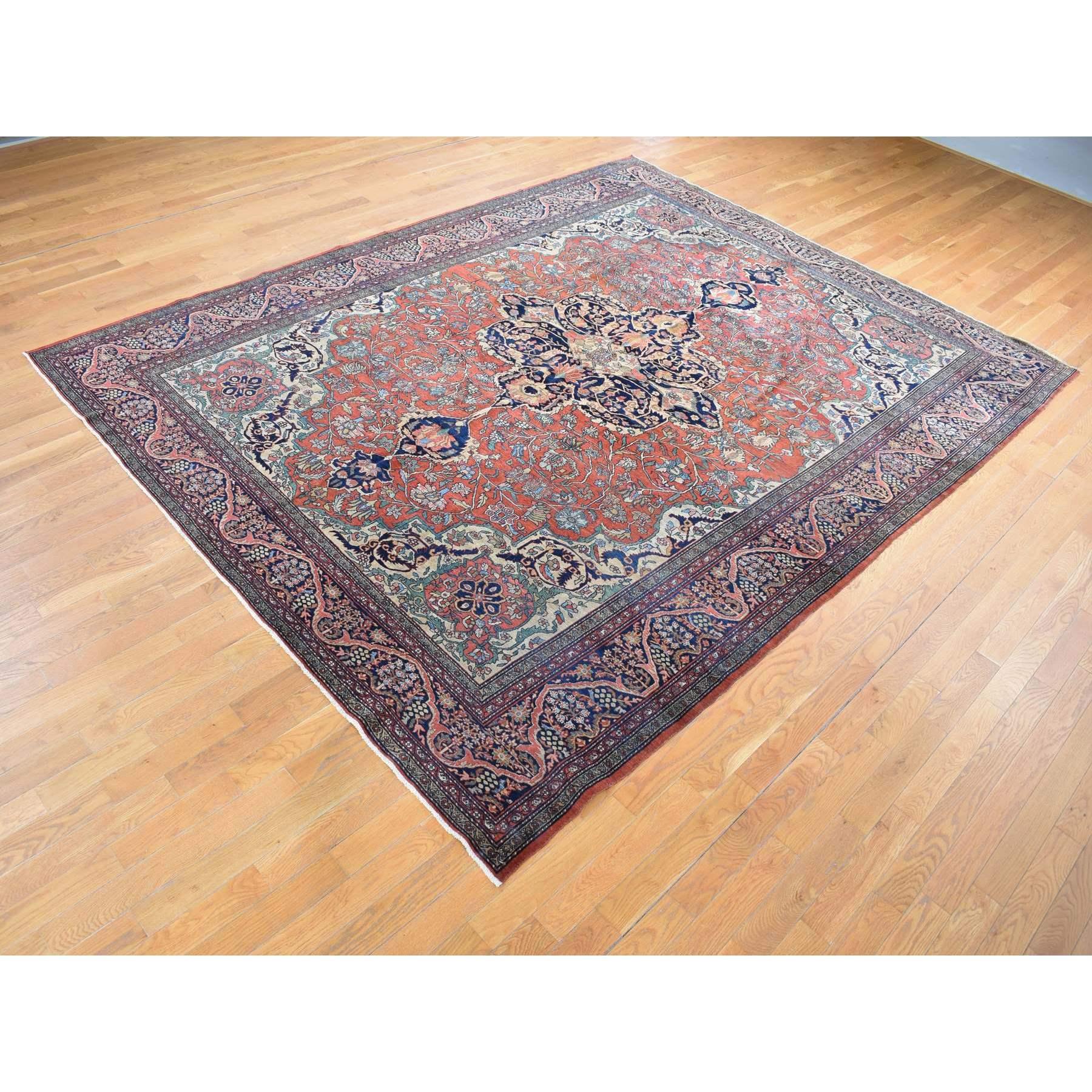 Hand-Knotted Barn Red Antique Persian Feraghan Sarouk Evenly Worn Hand Knotted Wool Clean Rug For Sale