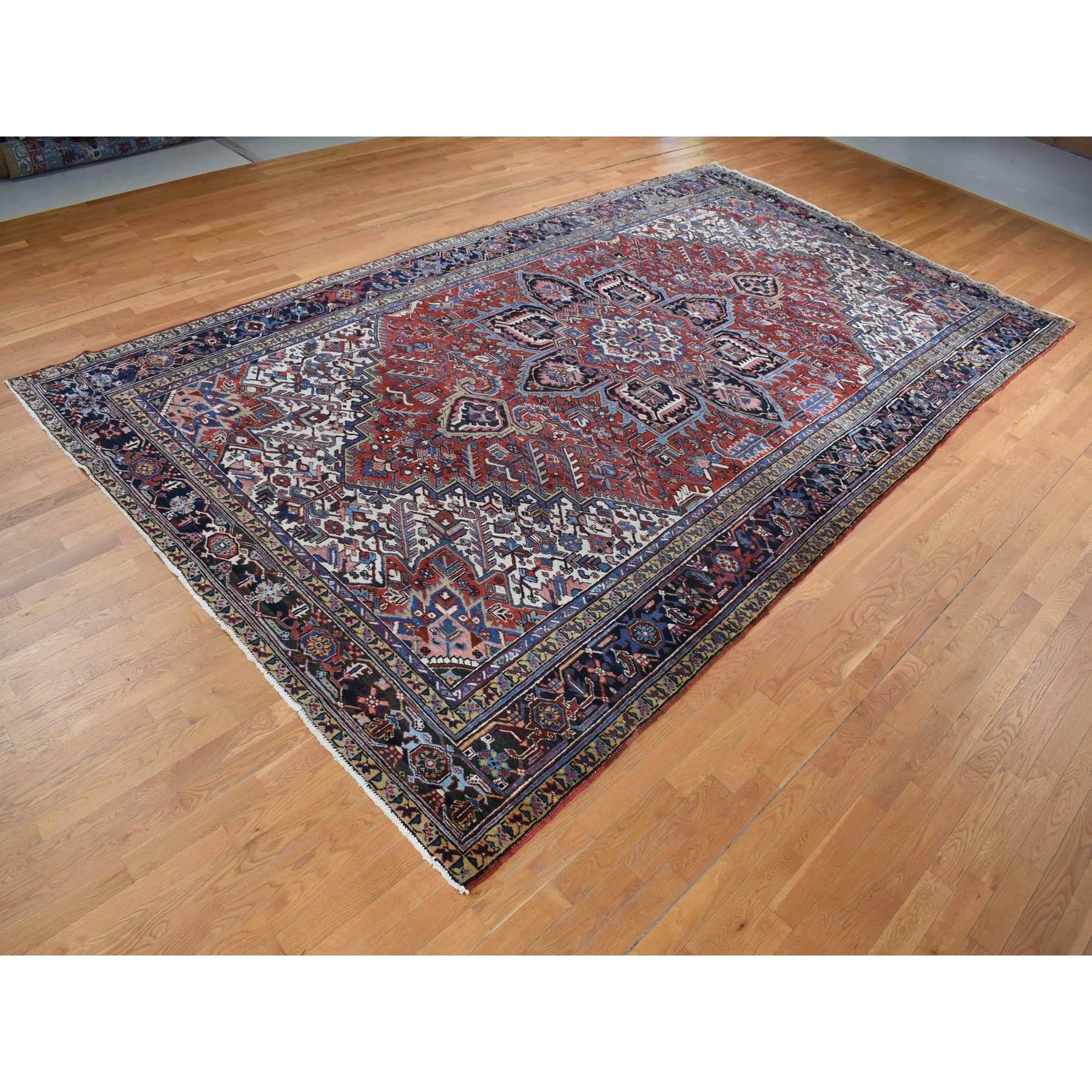Heriz Serapi Barn Red Antique Persian Heriz Slight Wear Pure Wool Hand Knotted Cleaned Rug For Sale