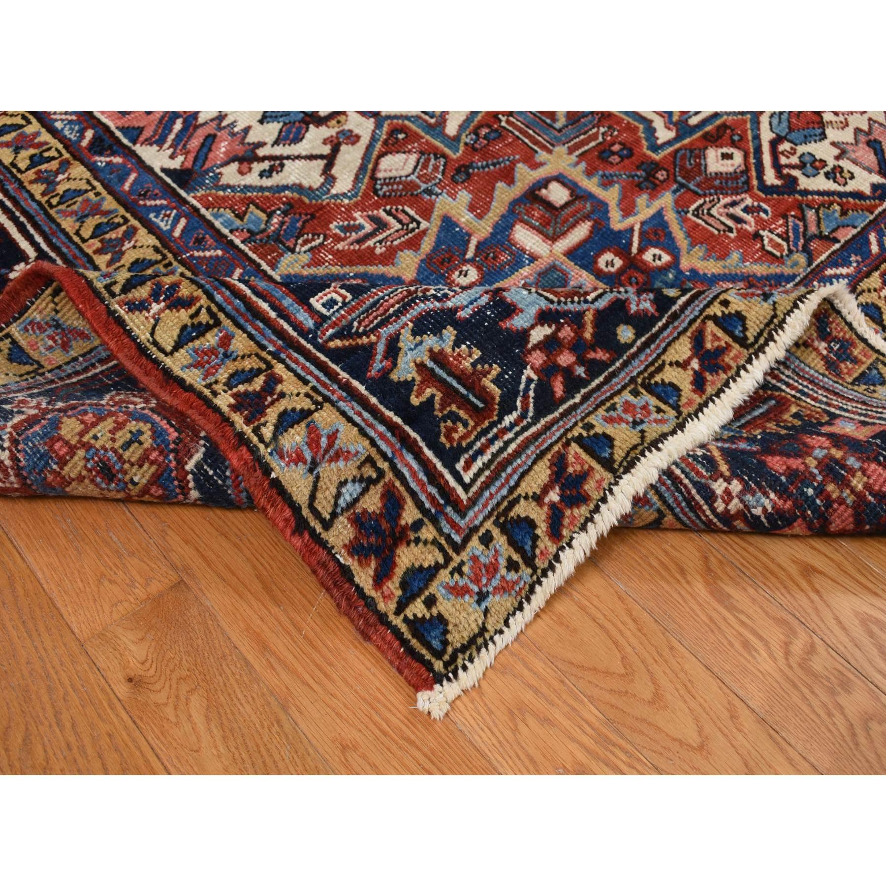 Barn Red Antique Persian Heriz Slight Wear Pure Wool Hand Knotted Cleaned Rug In Fair Condition For Sale In Carlstadt, NJ