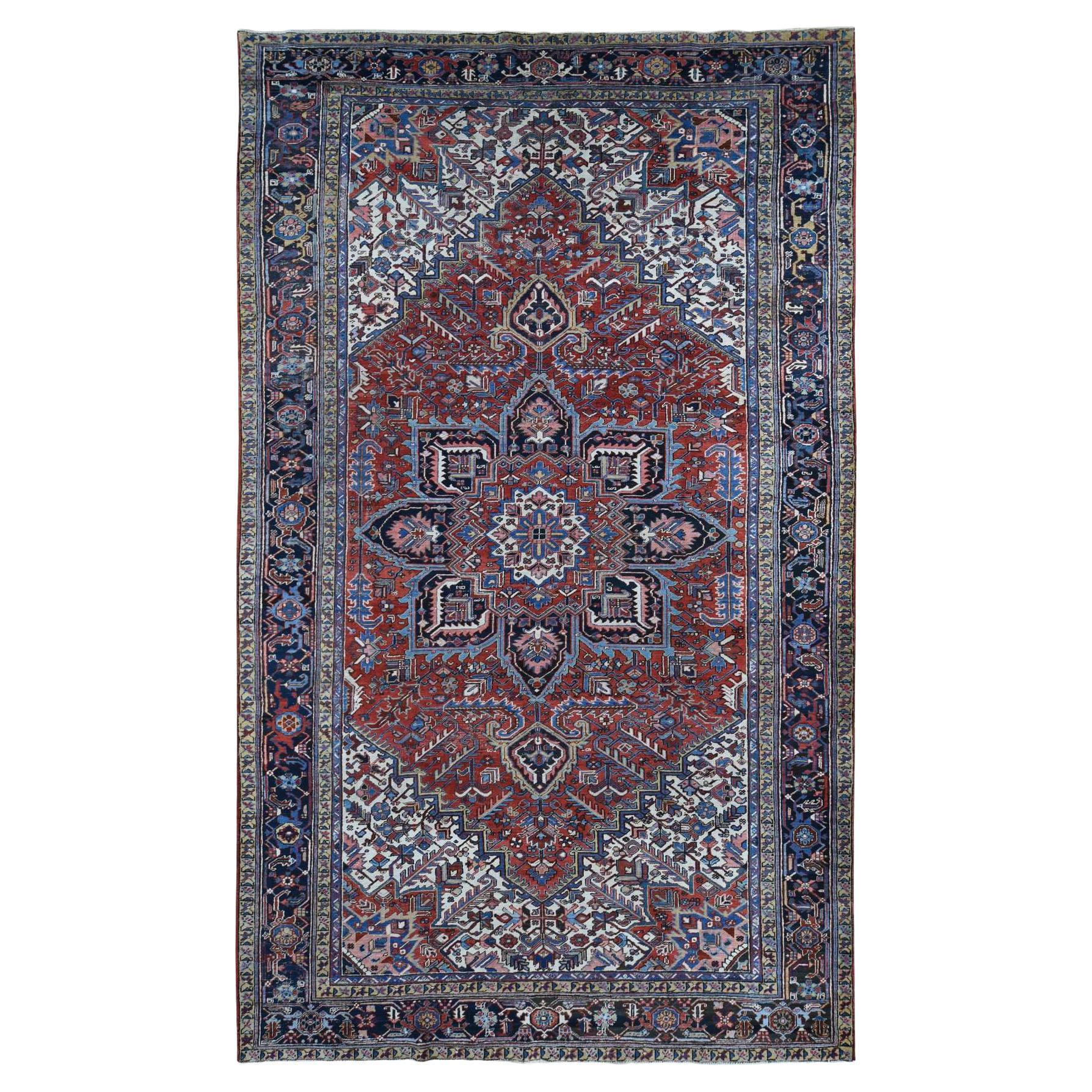 Barn Red Antique Persian Heriz Slight Wear Pure Wool Hand Knotted Cleaned Rug For Sale