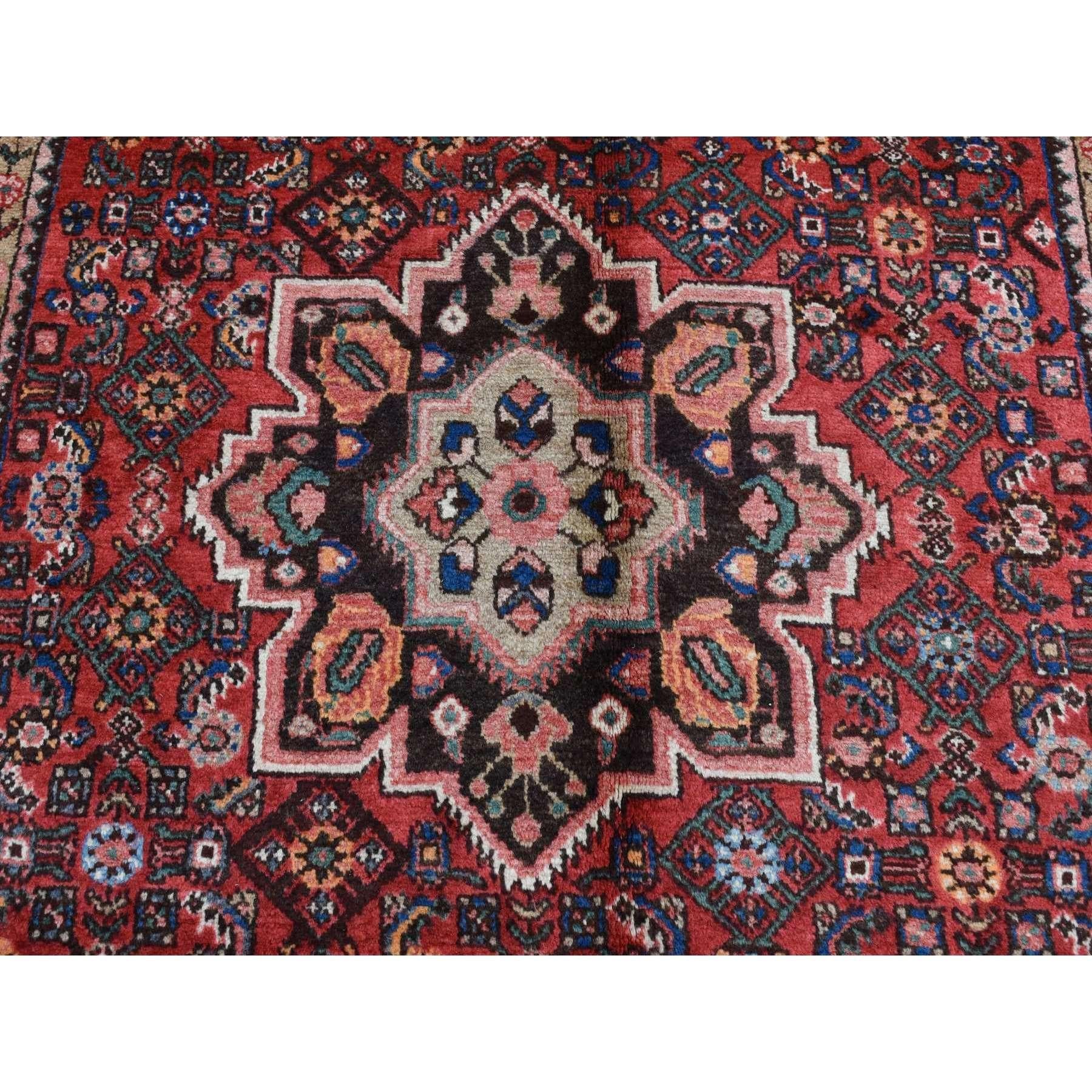 Barn Red Vintage Persian Hamadan Center Medallion Pure Wool Hand Knotted Rug 1