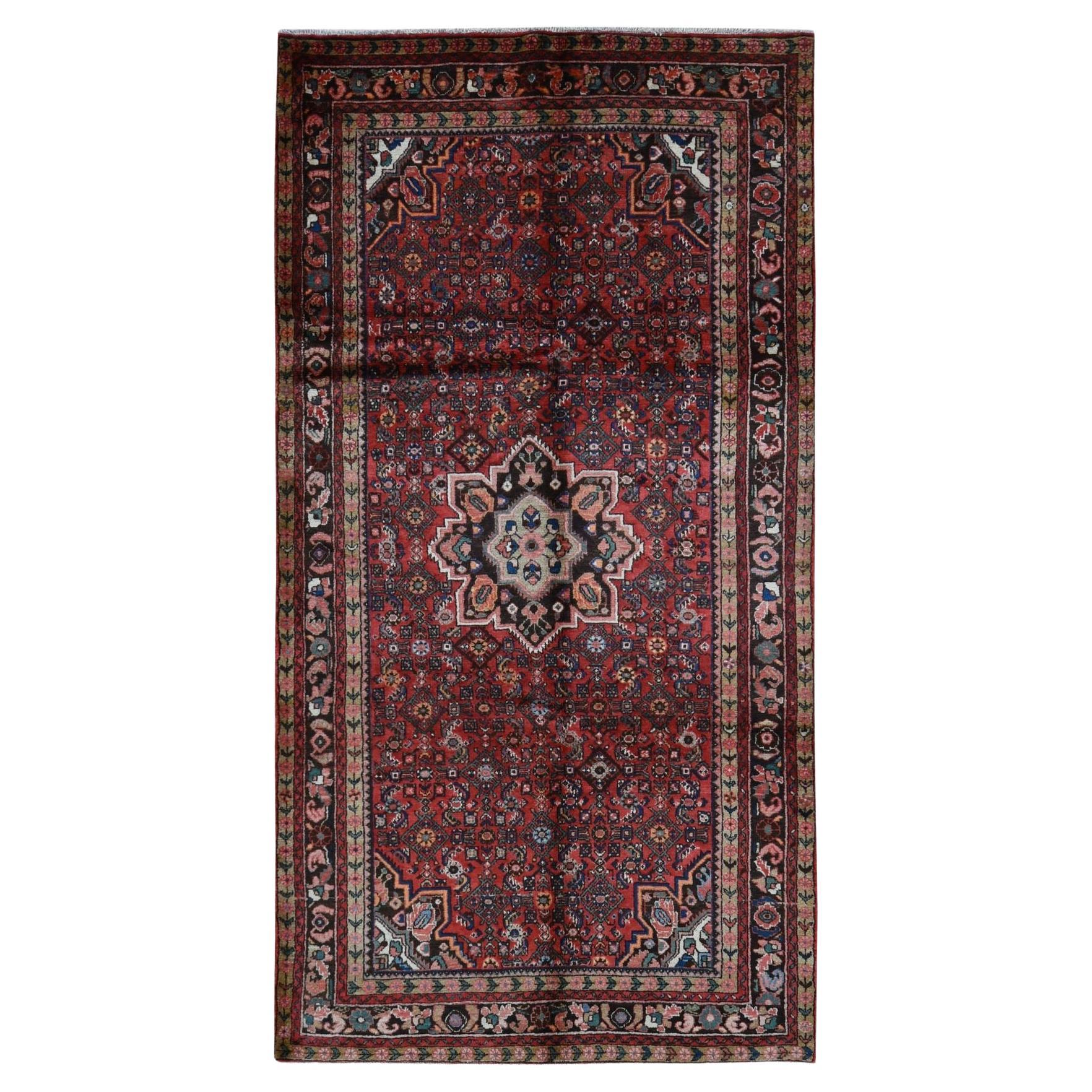 Barn Red Vintage Persian Hamadan Center Medallion Pure Wool Hand Knotted Rug