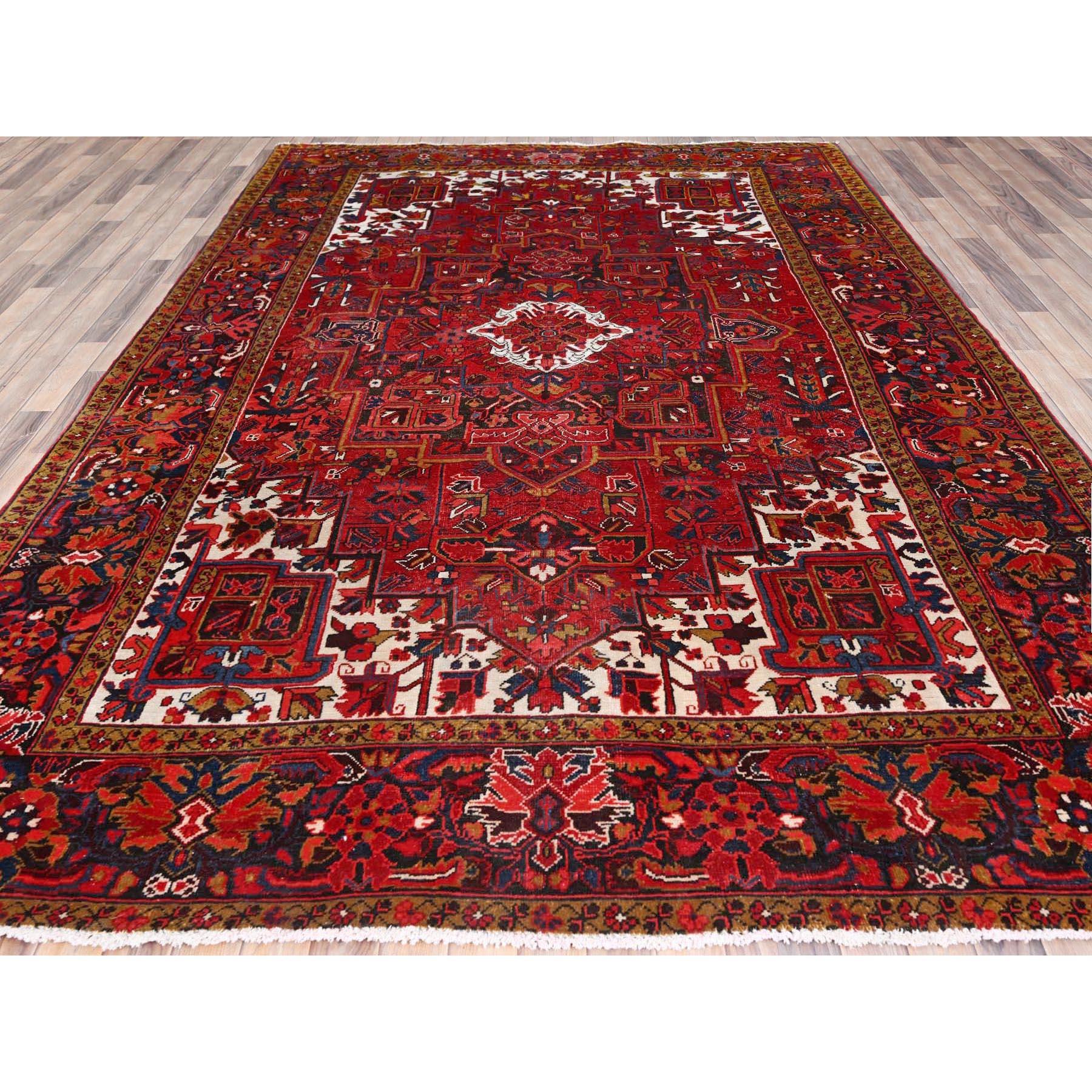 Hand-Knotted Barn Red Vintage Persian Heriz Good Cond Rustic Look Worn Wool Hand Knotted Rug For Sale