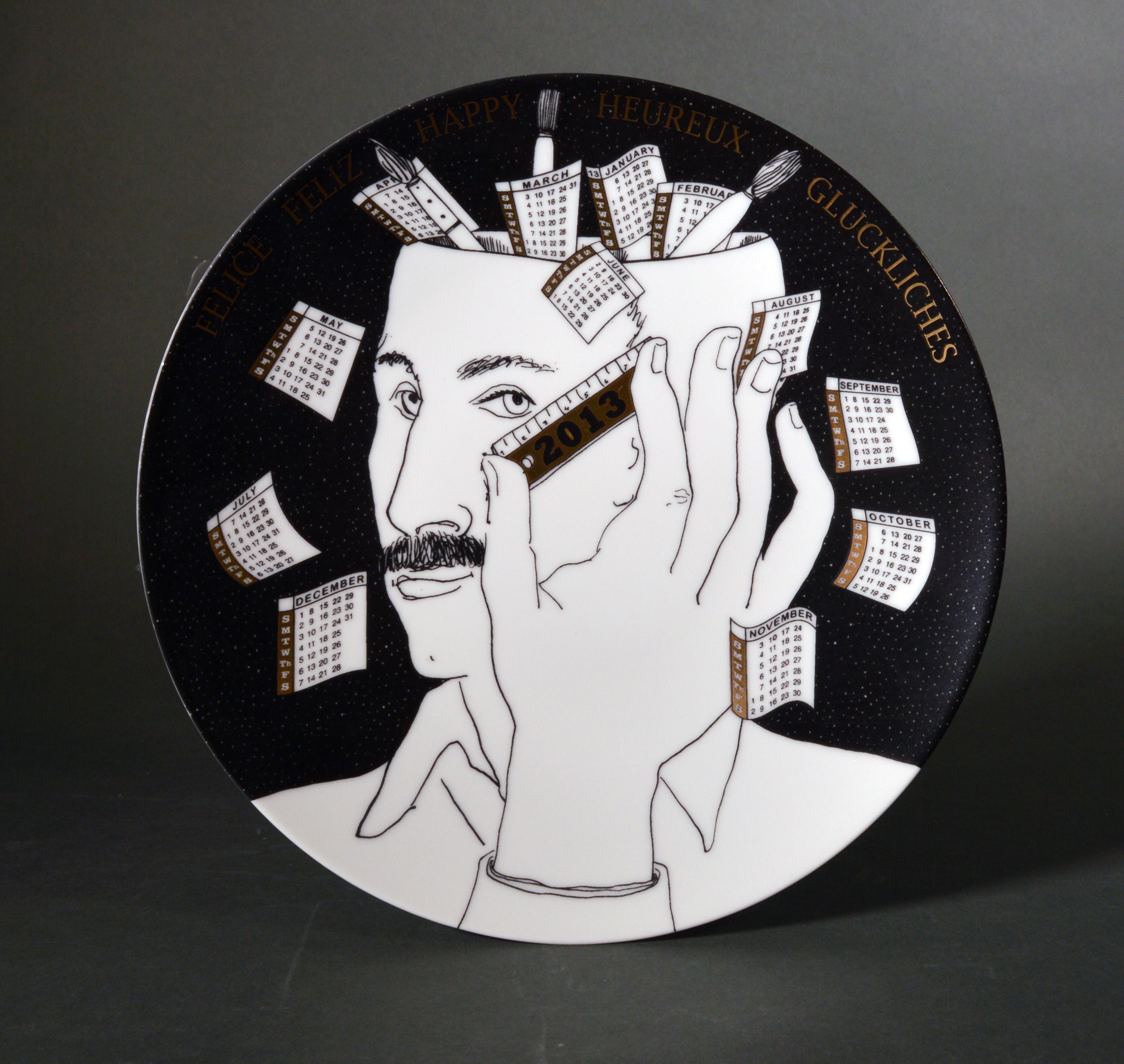 Mid-Century Modern Barnaba Fornasetti Calendar Plate for 2013 with Piero Fornasetti Self Portrait For Sale