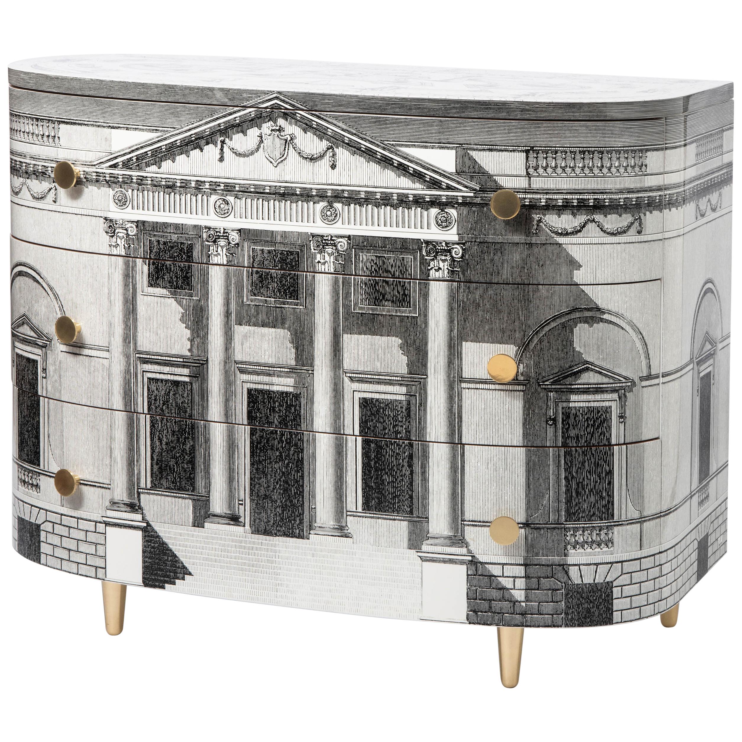 Barnaba Fornasetti Curved “Palladiana” Commode with Three Drawers, Italy, 2017