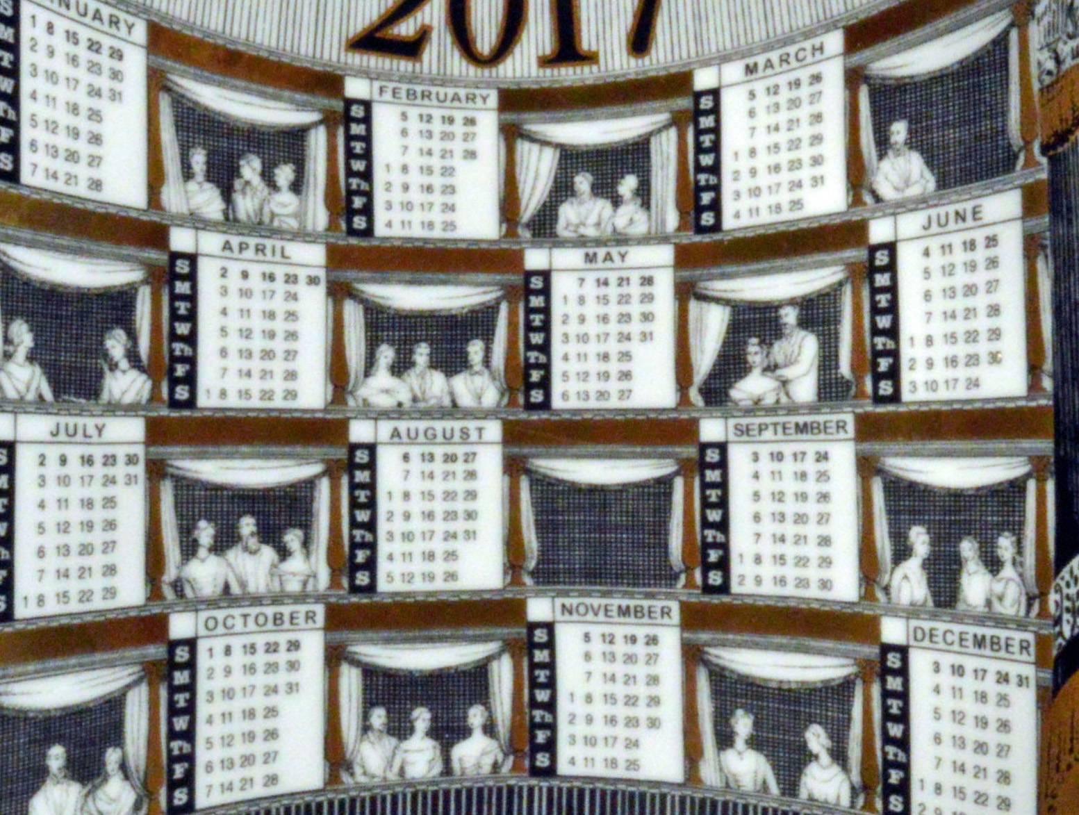 Barnaba Fornasetti porcelain calendar plate, 2017.
Number 397 of 700 made.
With original box.

Measures: Diameter: 9 1/4 inches

According to the Fornasetti website, 